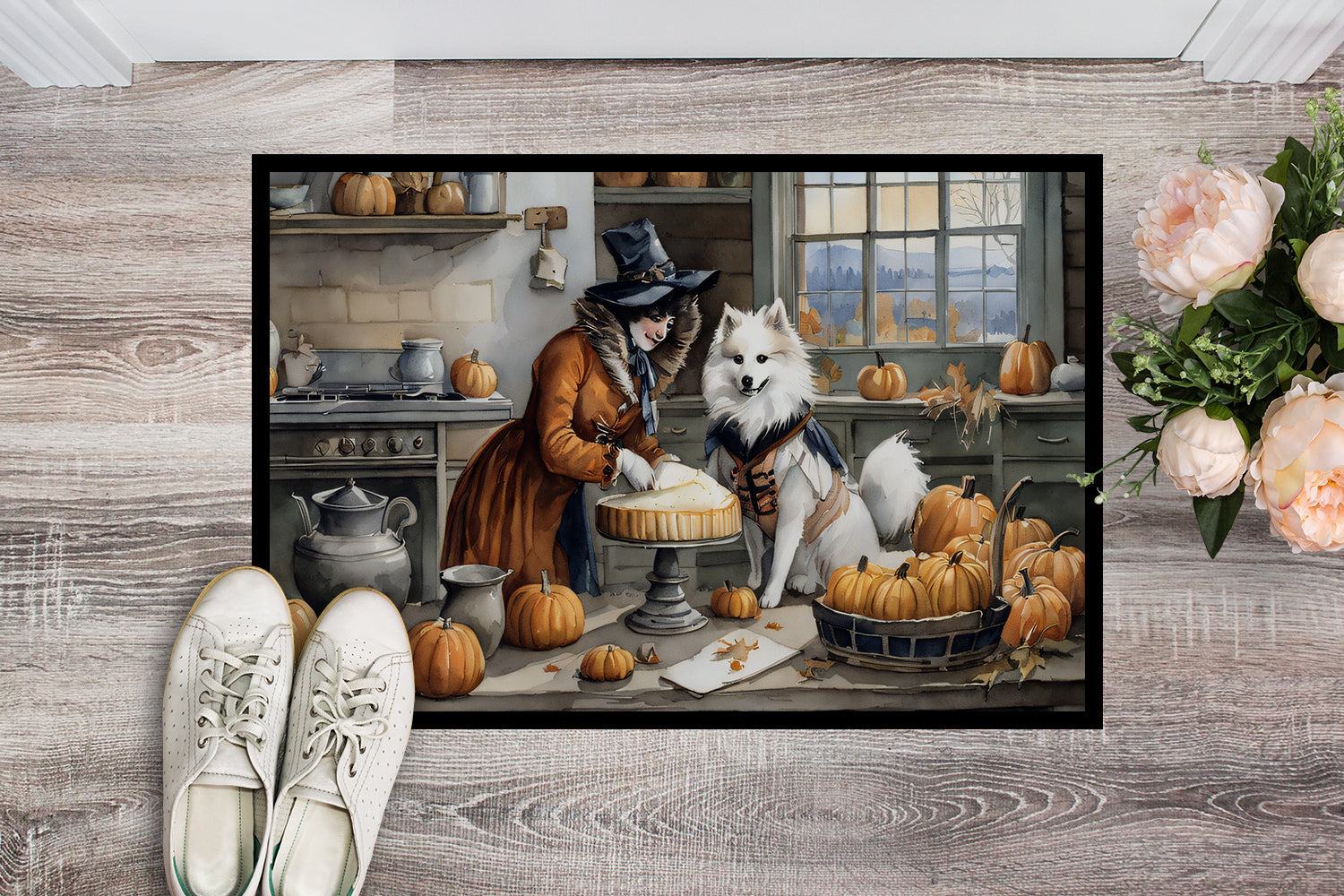 American Eskimo Fall Kitchen Pumpkins Doormat Indoor Outdoor 24H X 36W Front Door Mat Rugs for Entryway, Non Slip Washable Low Pile,