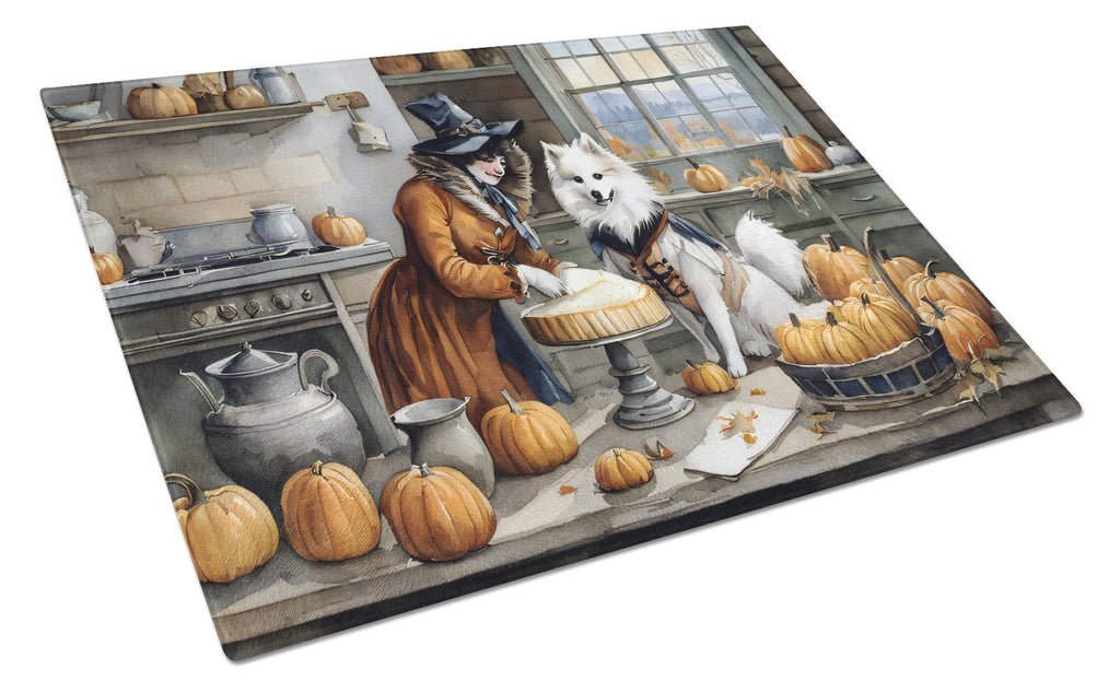 American Eskimo Fall Kitchen Pumpkins Cutting Board Tempered Glass Kitchen Cutting Surface, Heat Resistant Chopping, Non-Slip Feet, Food Prep & Serving