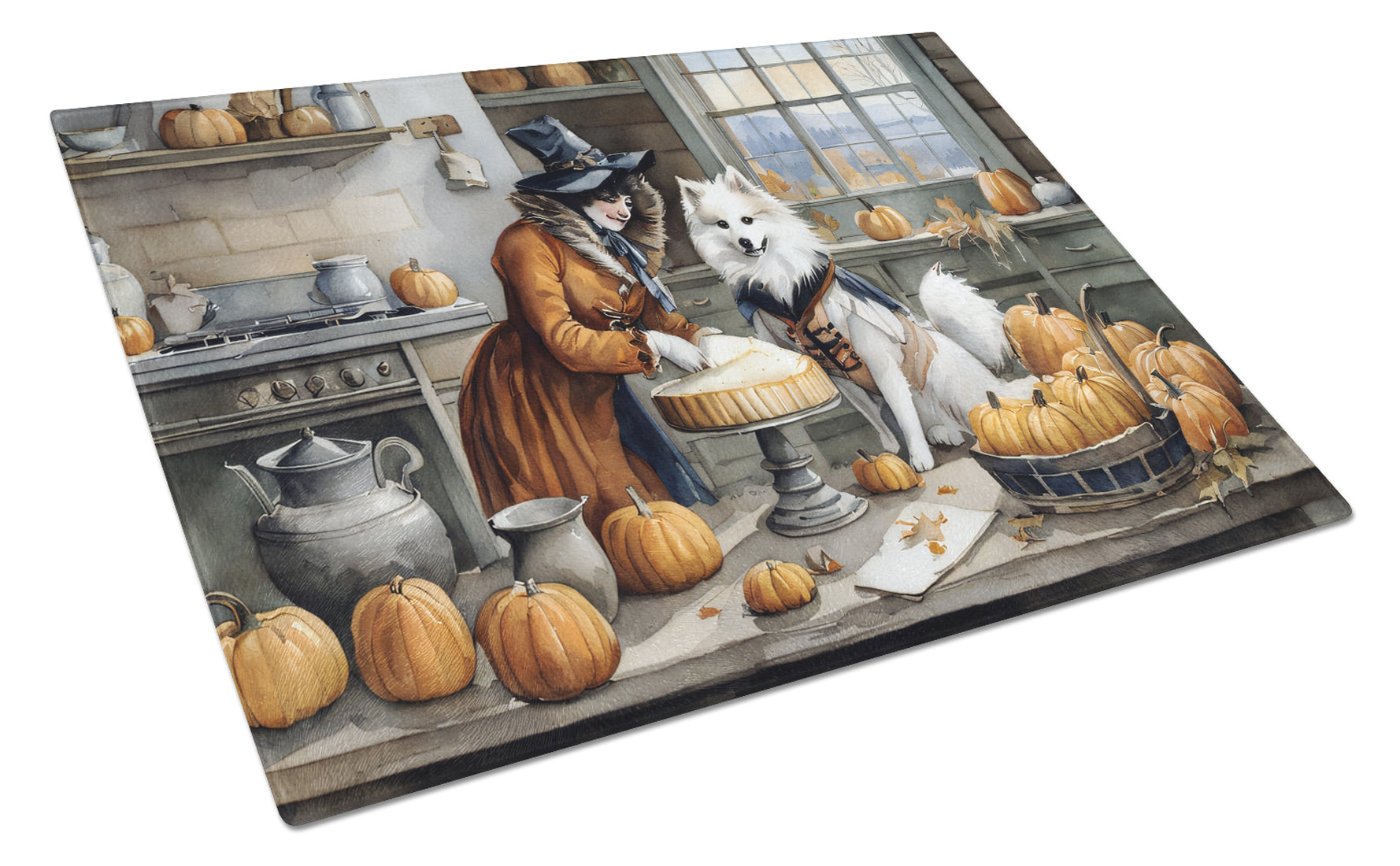 American Eskimo Fall Kitchen Pumpkins Cutting Board Tempered Glass Kitchen Cutting Surface, Heat Resistant Chopping, Non-Slip Feet, Food Prep & Serving