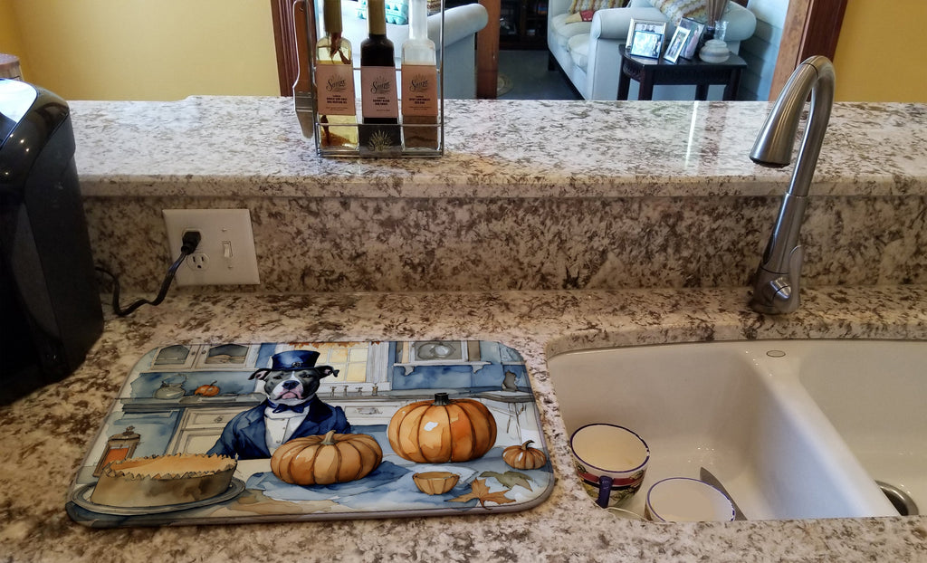 Pit Bull Terrier Fall Kitchen Pumpkins Dish Drying Mat Absorbent Dish Drying Mat Pad for Kitchen Counter Dish Drainer Mat for Countertop, 14 x 21", Multicolor