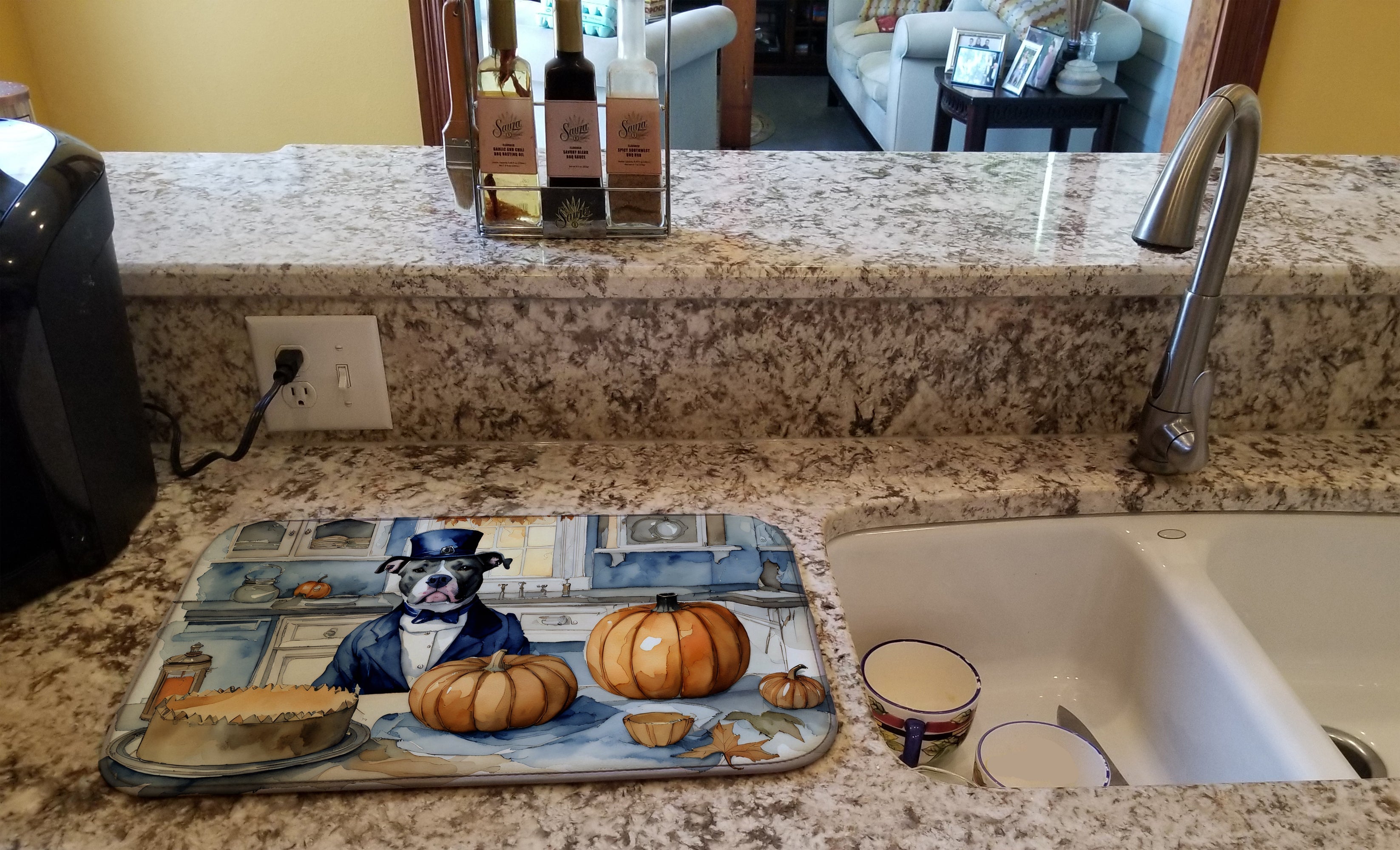 Pit Bull Terrier Fall Kitchen Pumpkins Dish Drying Mat Absorbent Dish Drying Mat Pad for Kitchen Counter Dish Drainer Mat for Countertop, 14 x 21", Multicolor