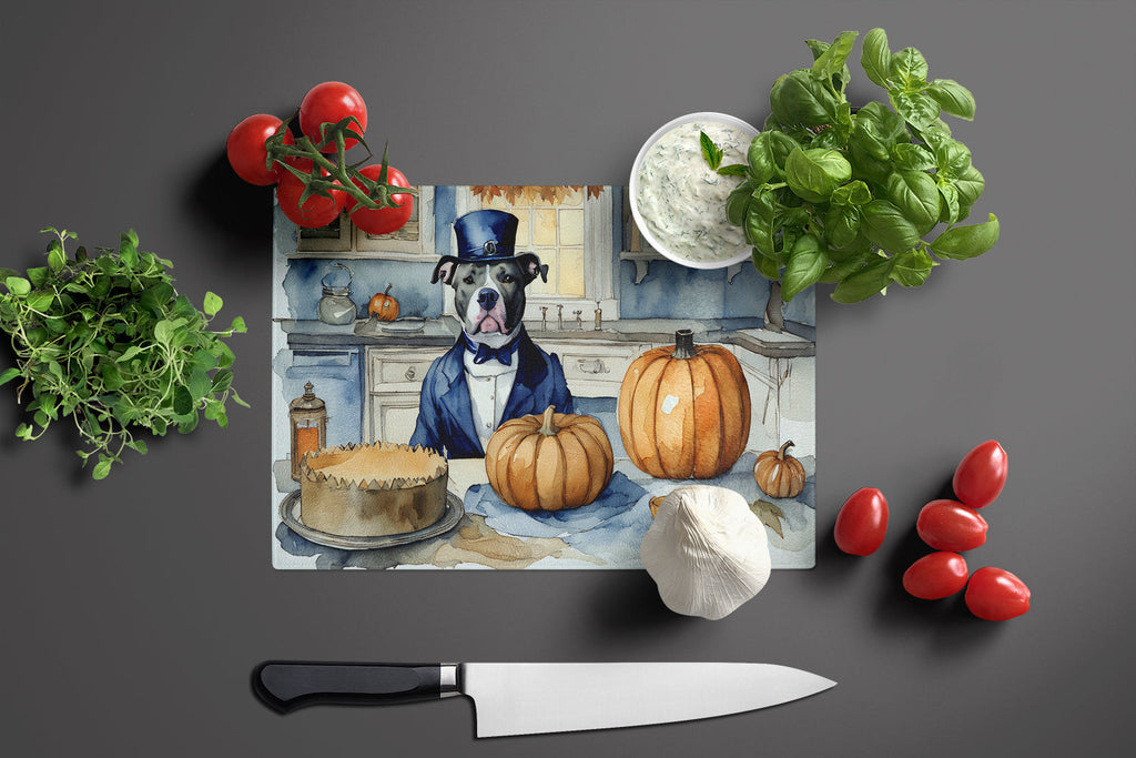 Pit Bull Terrier Fall Kitchen Pumpkins Cutting Board Tempered Glass Kitchen Cutting Surface, Heat Resistant Chopping, Non-Slip Feet, Food Prep & Serving