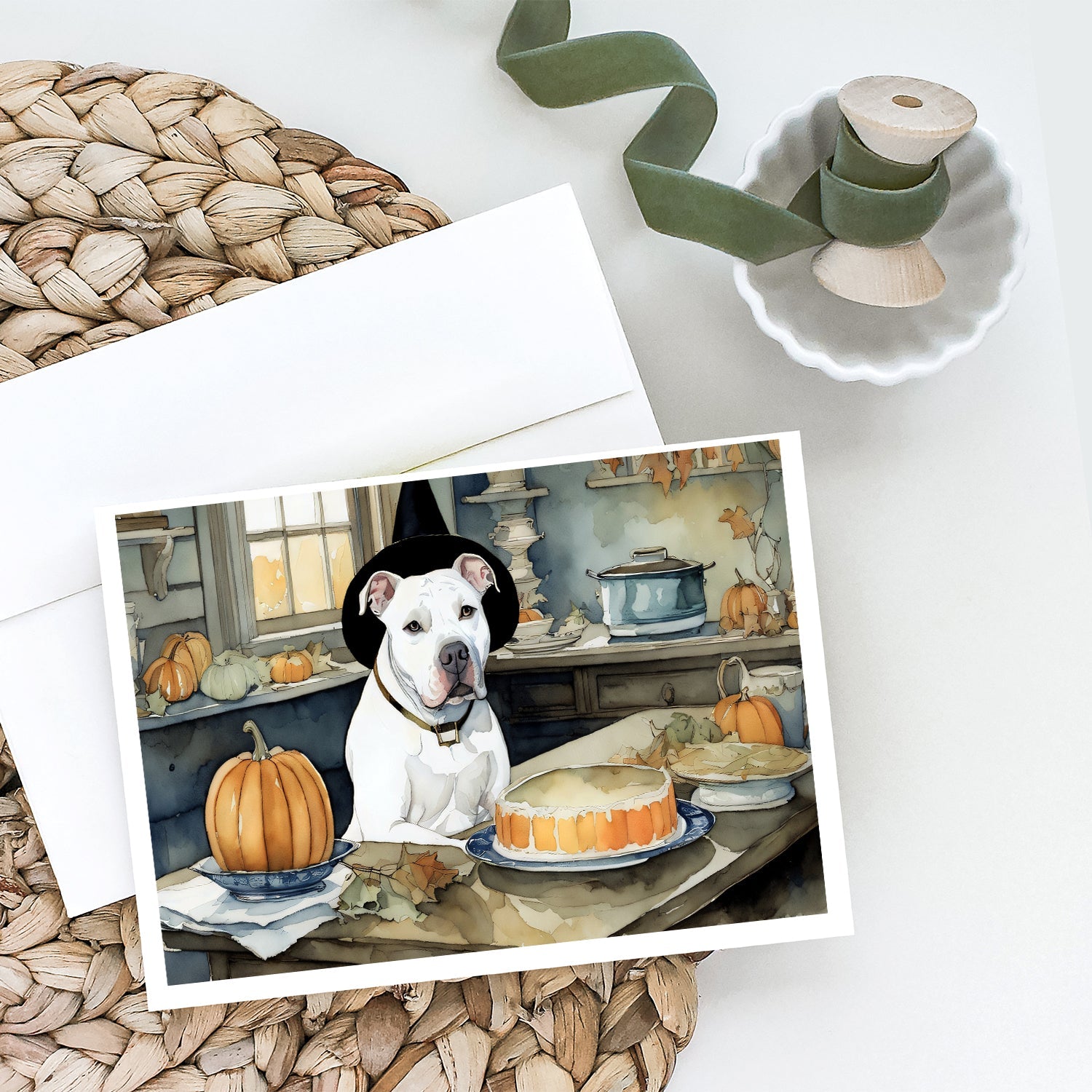 Pit Bull Terrier Fall Kitchen Pumpkins Greeting Cards Pack of 8 Blank Cards with Envelopes Whimsical A7 Size 5x7