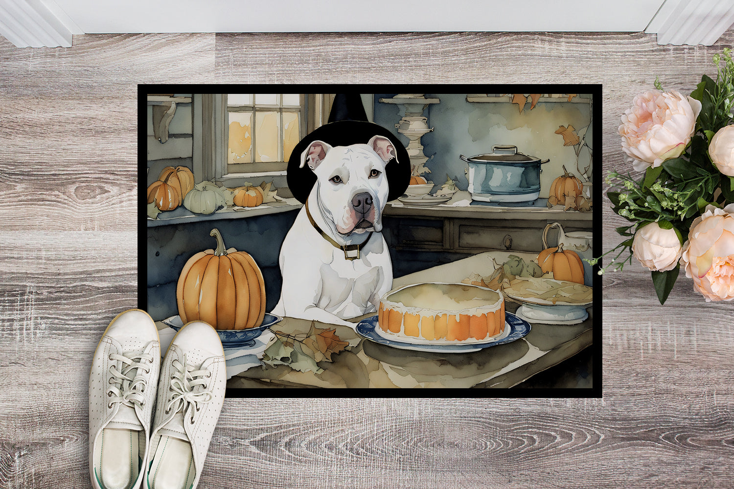 Pit Bull Terrier Fall Kitchen Pumpkins Doormat Indoor Outdoor 18H X 27W Front Door Mat Rugs for Entryway, Non Slip Washable
