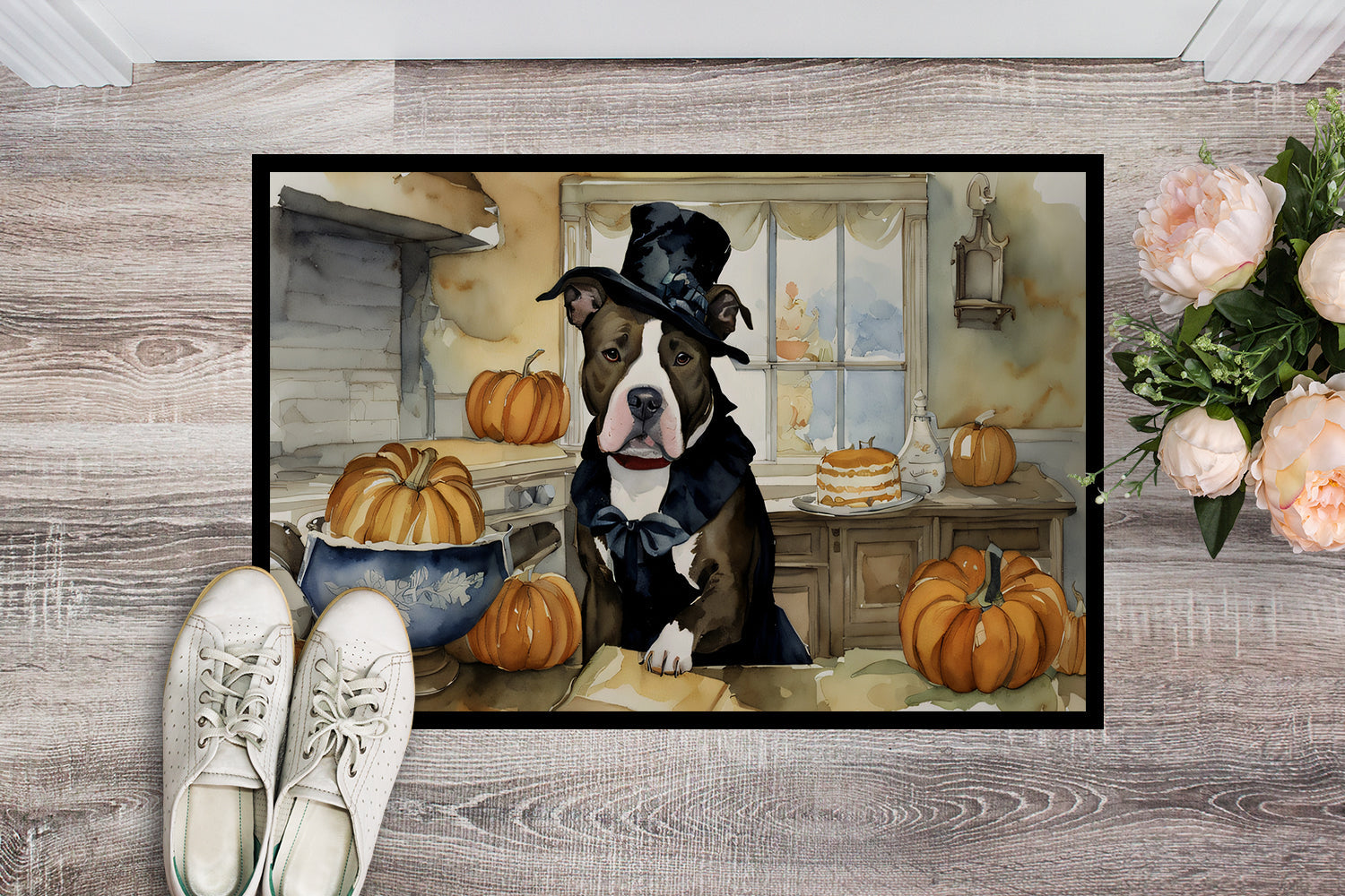 Pit Bull Terrier Fall Kitchen Pumpkins Doormat Indoor Outdoor 24H X 36W Front Door Mat Rugs for Entryway, Non Slip Washable Low Pile,