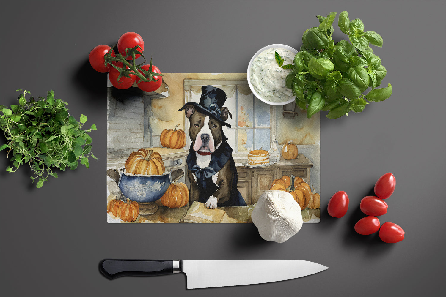 Pit Bull Terrier Fall Kitchen Pumpkins Cutting Board Tempered Glass Kitchen Cutting Surface, Heat Resistant Chopping, Non-Slip Feet, Food Prep & Serving