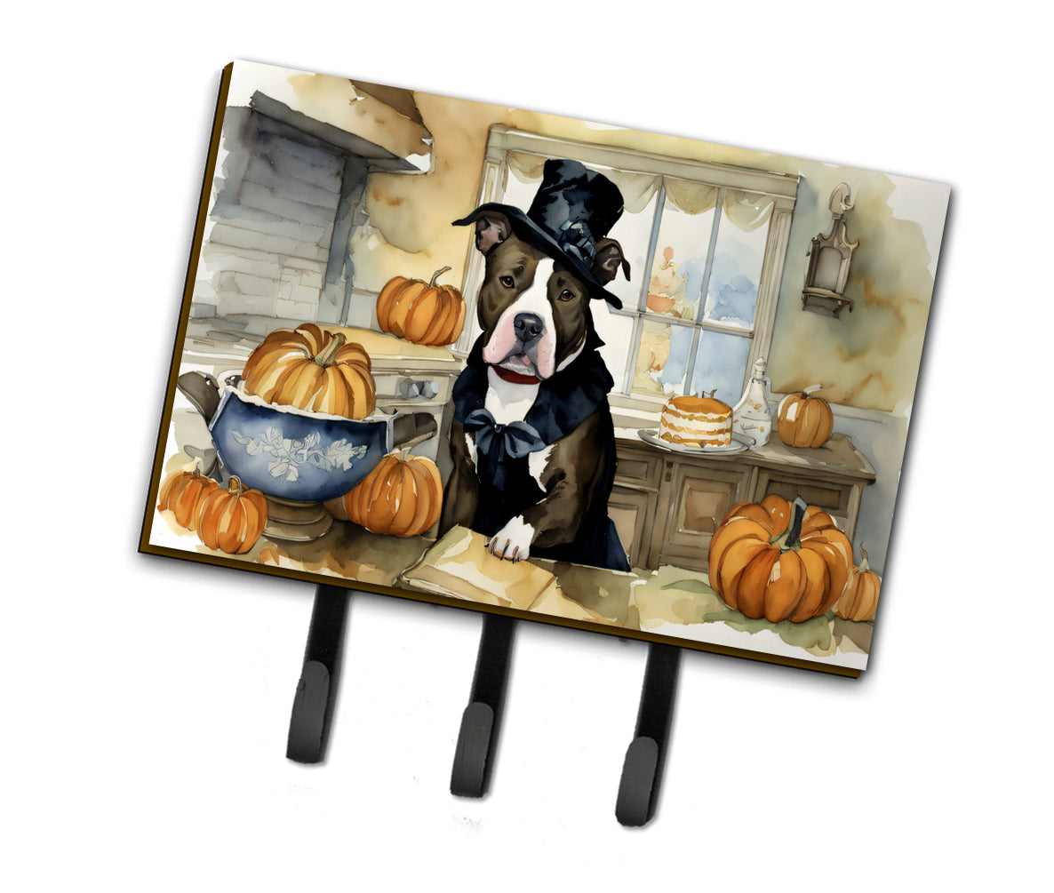 Pit Bull Terrier Fall Kitchen Pumpkins Leash or Key Holder Wall Hooks, Coat Rack Wall Mount, for Hanging Keys, Towels, Aprons, Leashes