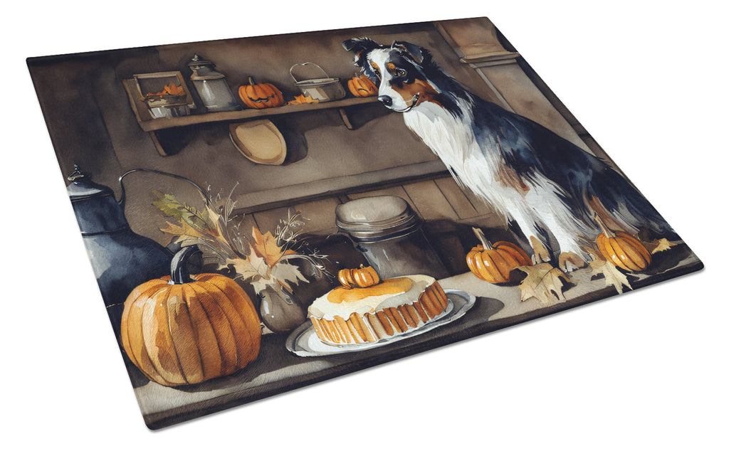 Australian Shepherd Fall Kitchen Pumpkins Cutting Board Tempered Glass Kitchen Cutting Surface, Heat Resistant Chopping, Non-Slip Feet, Food Prep & Serving