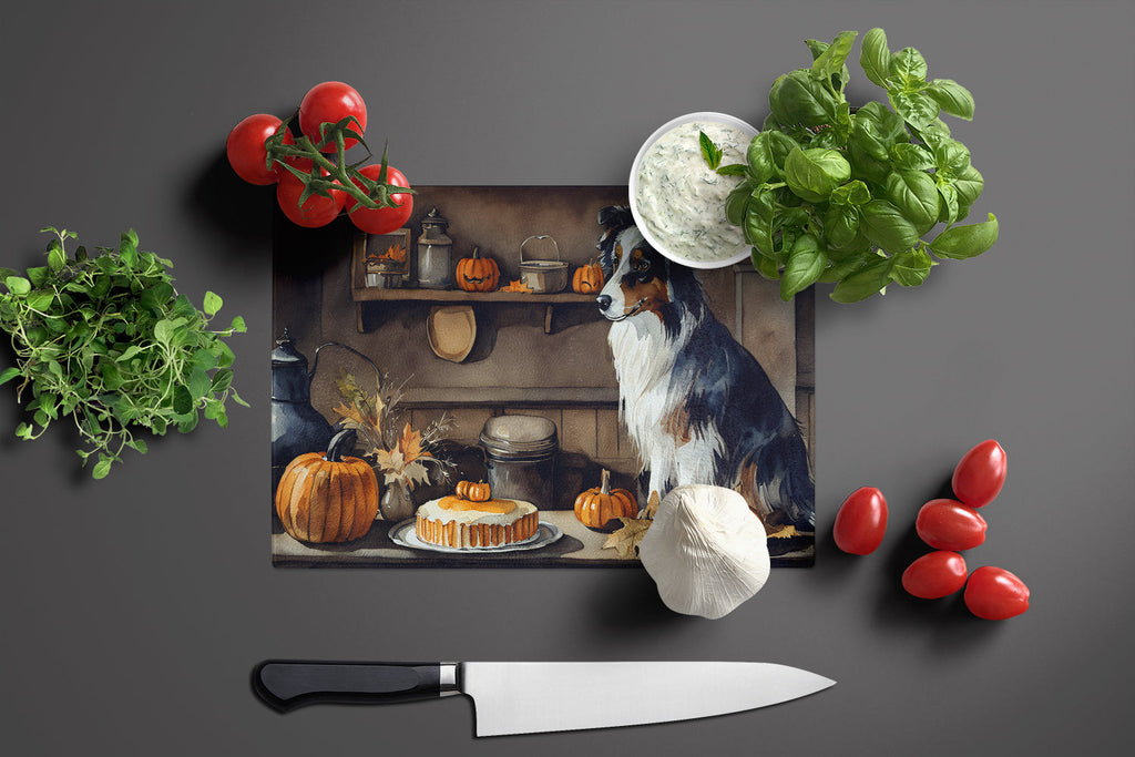 Australian Shepherd Fall Kitchen Pumpkins Cutting Board Tempered Glass Kitchen Cutting Surface, Heat Resistant Chopping, Non-Slip Feet, Food Prep & Serving