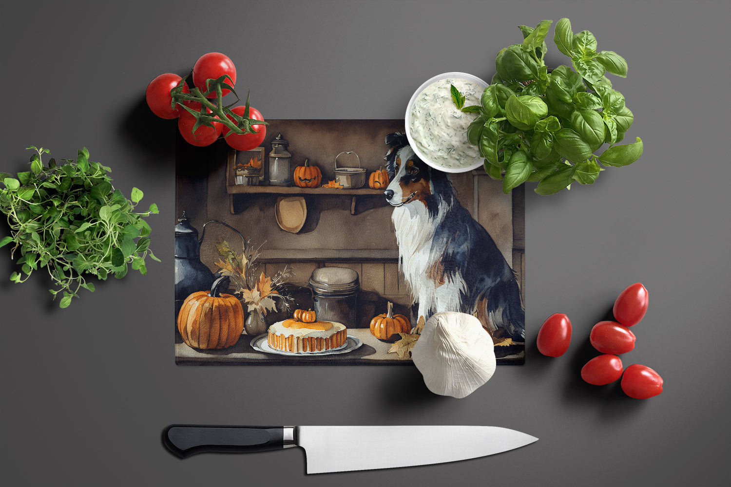 Australian Shepherd Fall Kitchen Pumpkins Cutting Board Tempered Glass Kitchen Cutting Surface, Heat Resistant Chopping, Non-Slip Feet, Food Prep & Serving
