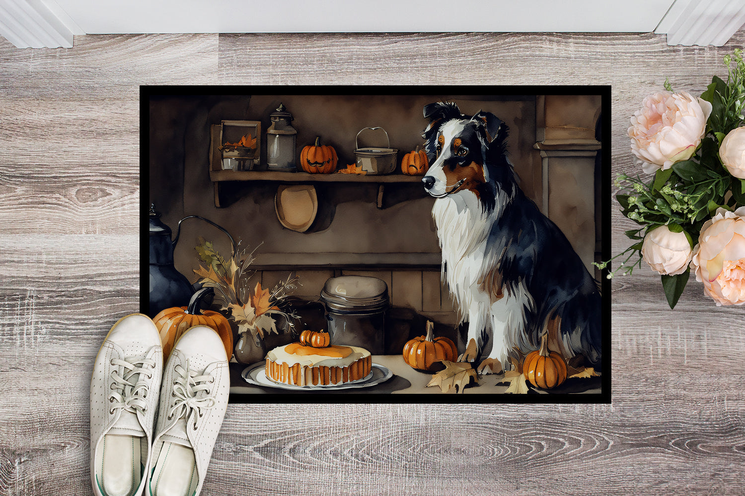 Australian Shepherd Fall Kitchen Pumpkins Doormat Indoor Outdoor 18H X 27W Front Door Mat Rugs for Entryway, Non Slip Washable