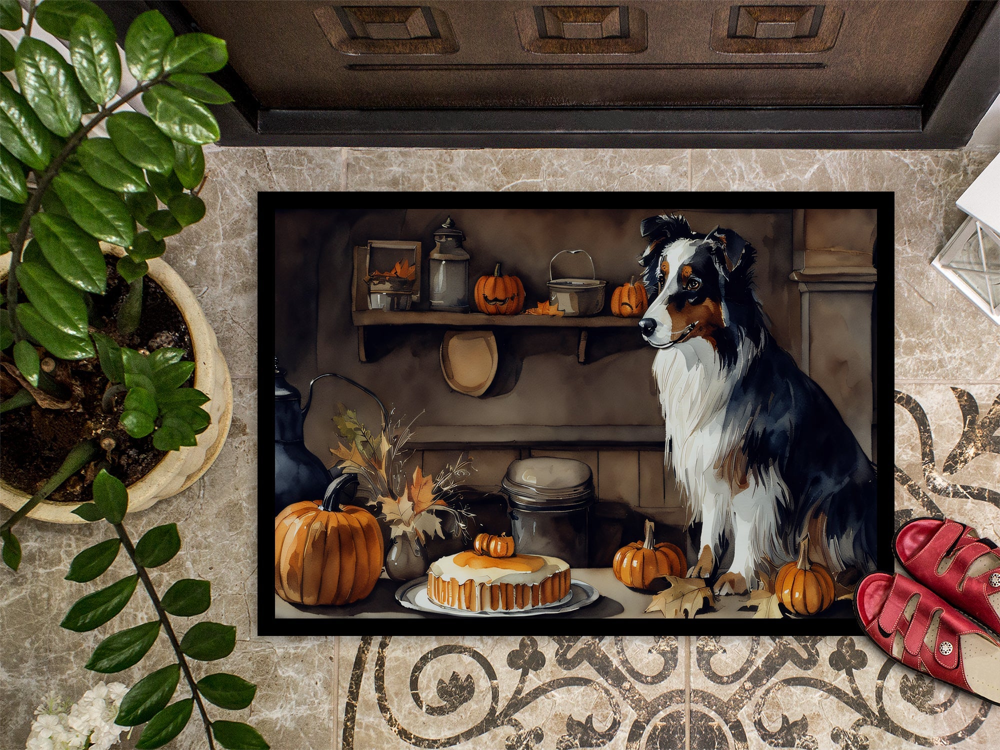 Australian Shepherd Fall Kitchen Pumpkins Doormat Indoor Outdoor 18H X 27W Front Door Mat Rugs for Entryway, Non Slip Washable
