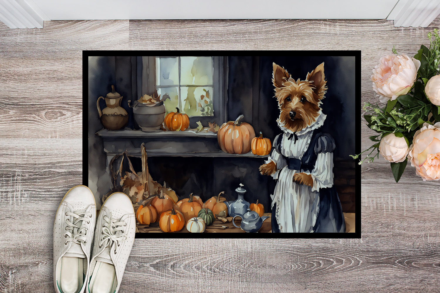 Australian Terrier Fall Kitchen Pumpkins Doormat Indoor Outdoor 24H X 36W Front Door Mat Rugs for Entryway, Non Slip Washable Low Pile,