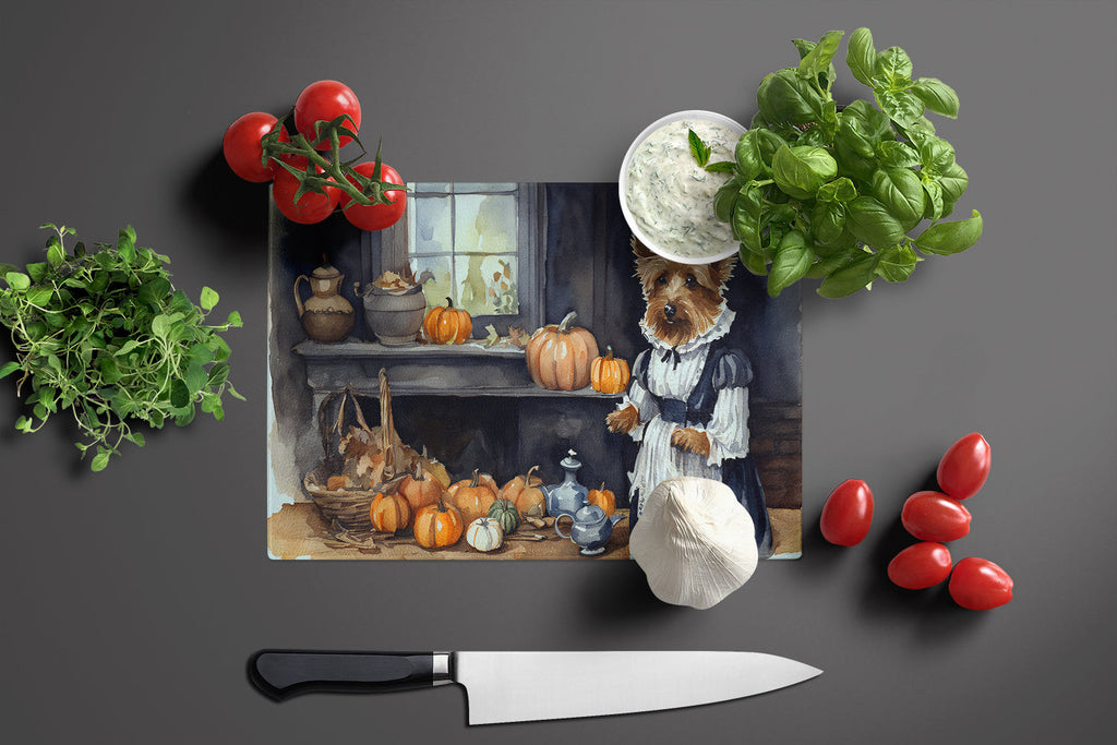 Australian Terrier Fall Kitchen Pumpkins Cutting Board Tempered Glass Kitchen Cutting Surface, Heat Resistant Chopping, Non-Slip Feet, Food Prep & Serving