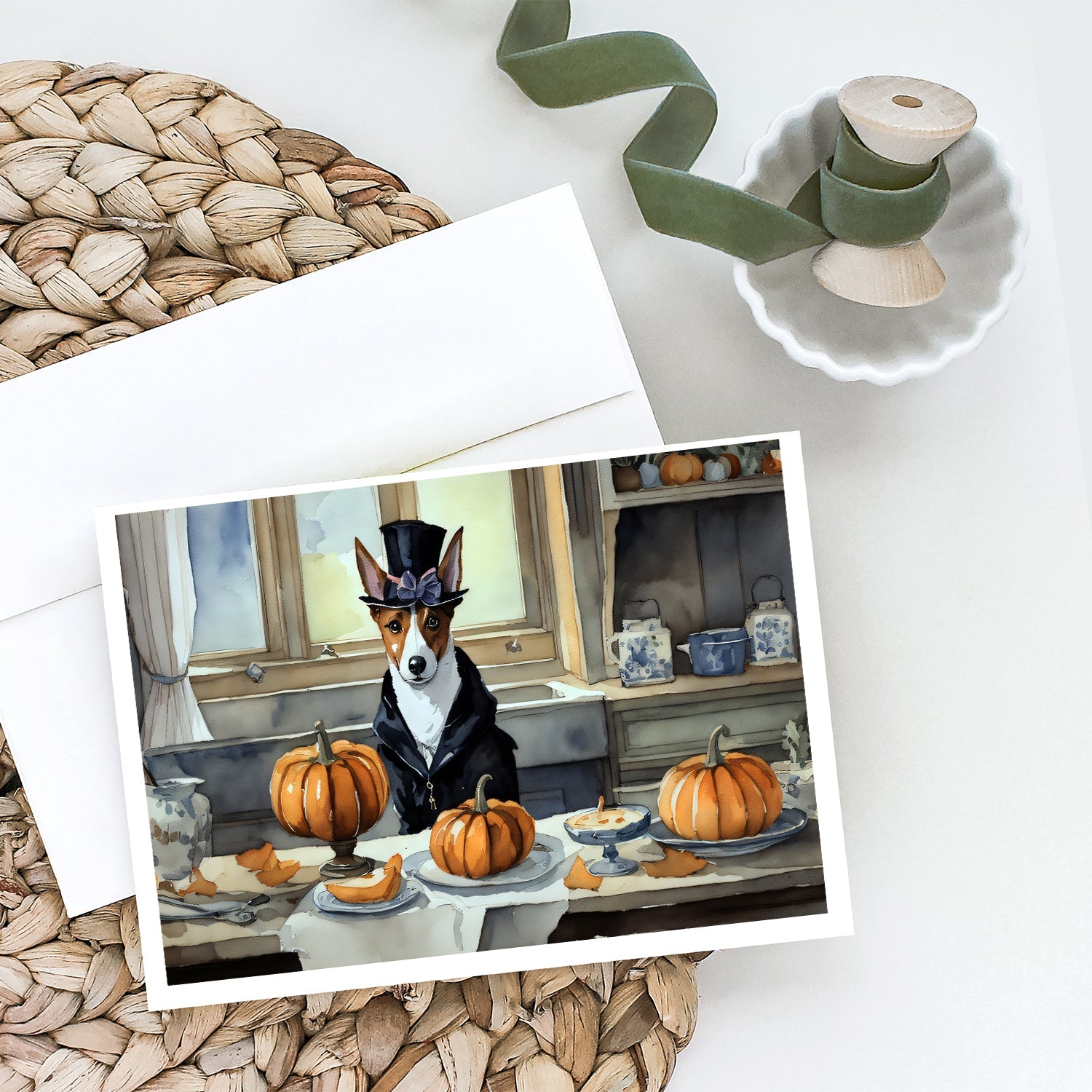 Basenji Fall Kitchen Pumpkins Greeting Cards Pack of 8 Blank Cards with Envelopes Whimsical A7 Size 5x7
