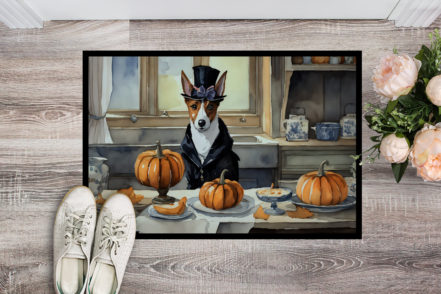 Basenji Fall Kitchen Pumpkins Doormat Indoor Outdoor 24H X 36W Front Door Mat Rugs for Entryway, Non Slip Washable Low Pile,