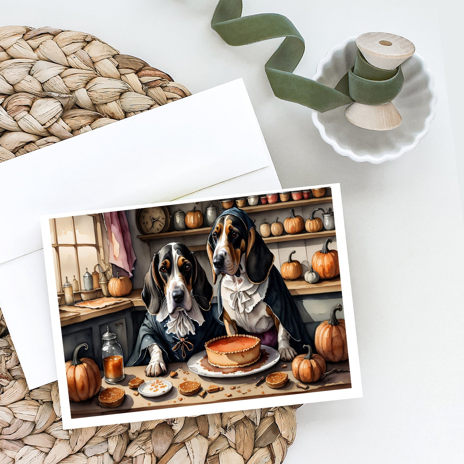 Basset Hound Fall Kitchen Pumpkins Greeting Cards Pack of 8 Blank Cards with Envelopes Whimsical A7 Size 5x7