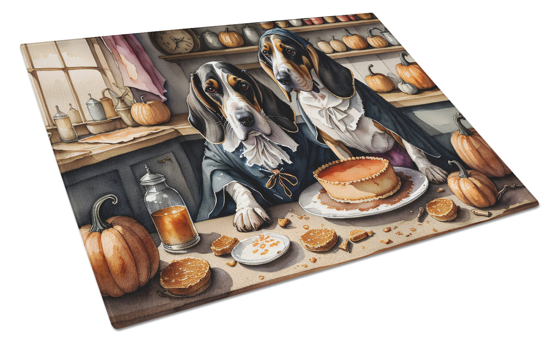 Basset Hound Fall Kitchen Pumpkins Cutting Board Tempered Glass Kitchen Cutting Surface, Heat Resistant Chopping, Non-Slip Feet, Food Prep & Serving