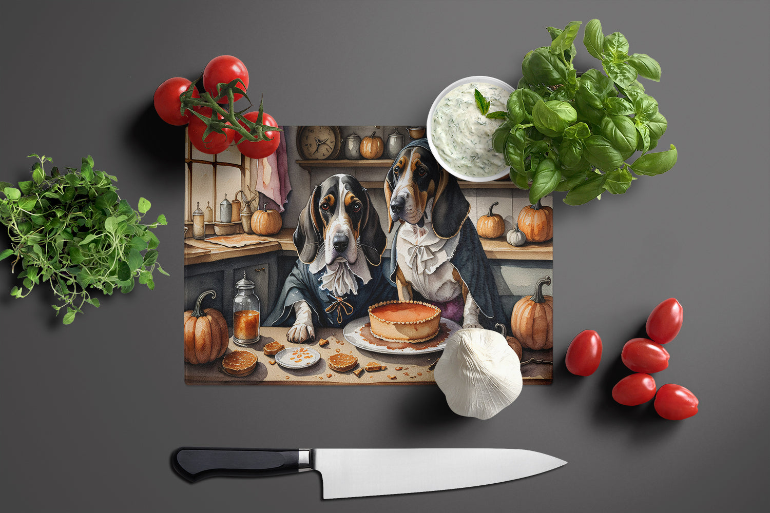 Basset Hound Fall Kitchen Pumpkins Cutting Board Tempered Glass Kitchen Cutting Surface, Heat Resistant Chopping, Non-Slip Feet, Food Prep & Serving