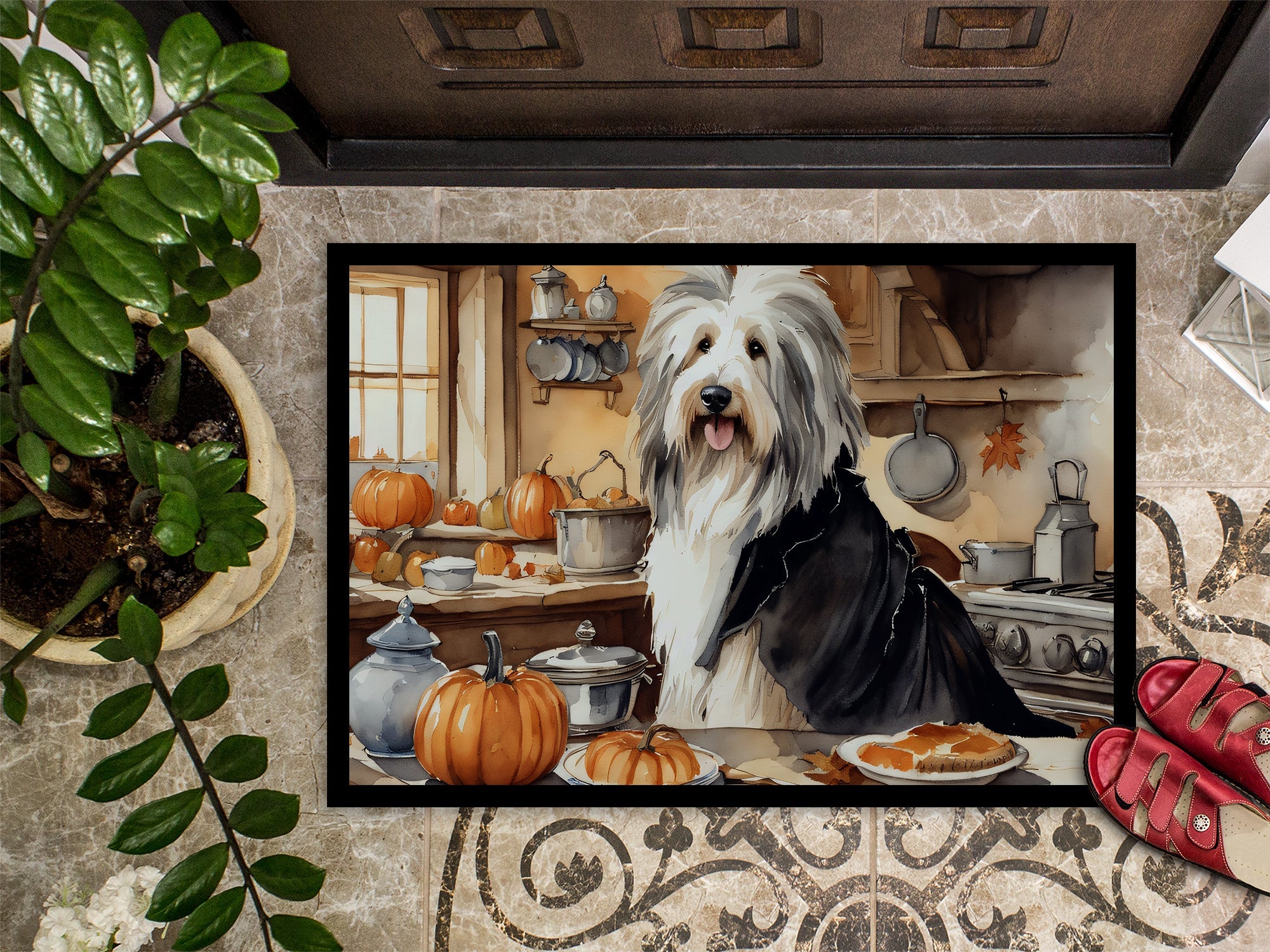 Bearded Collie Fall Kitchen Pumpkins Doormat Indoor Outdoor 18H X 27W Front Door Mat Rugs for Entryway, Non Slip Washable