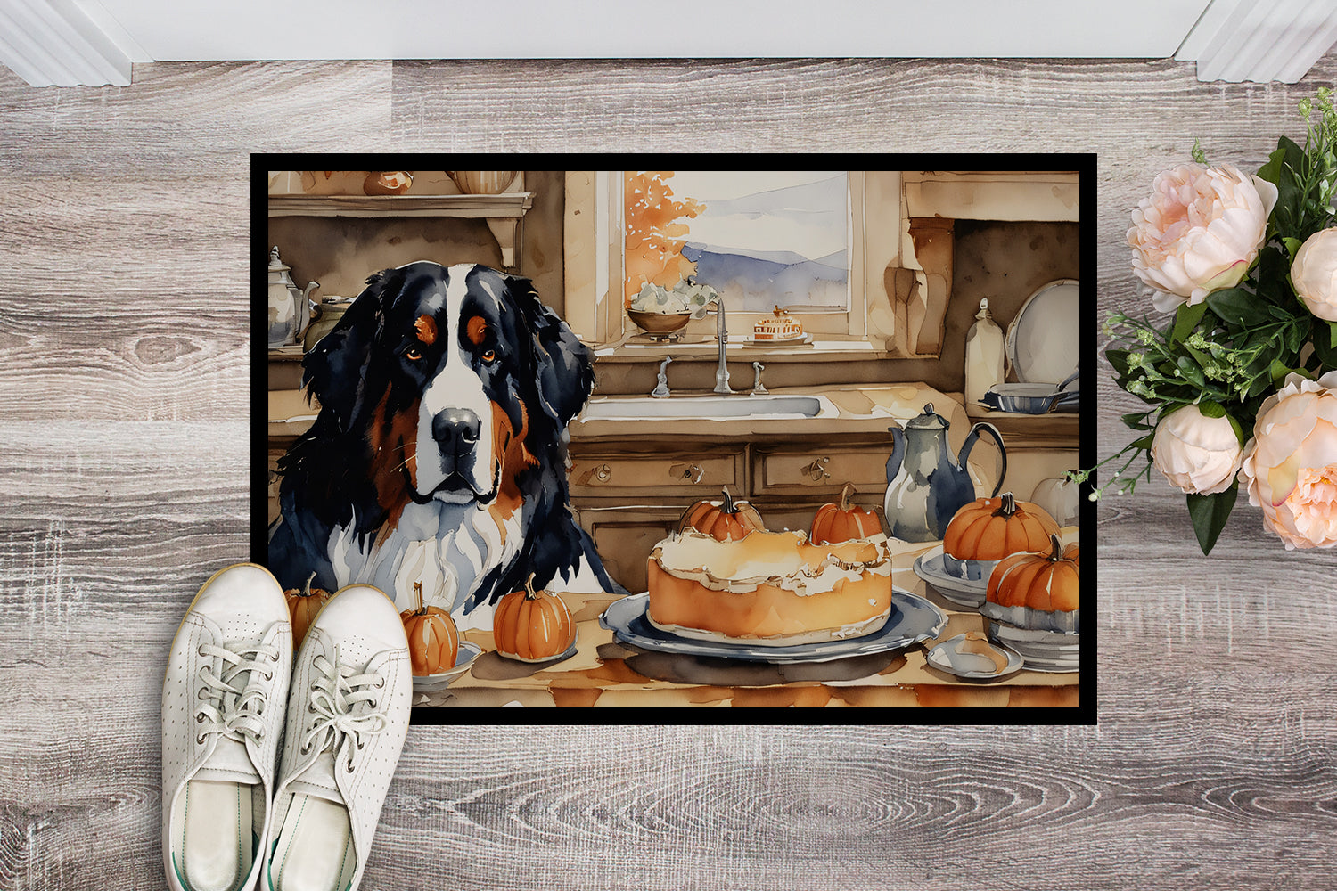 Bernese Mountain Dog Fall Kitchen Pumpkins Doormat Indoor Outdoor 24H X 36W Front Door Mat Rugs for Entryway, Non Slip Washable Low Pile,