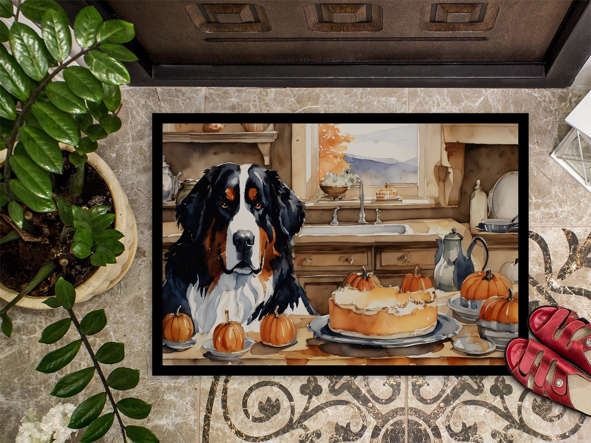 Bernese Mountain Dog Fall Kitchen Pumpkins Doormat Indoor Outdoor 18H X 27W Front Door Mat Rugs for Entryway, Non Slip Washable