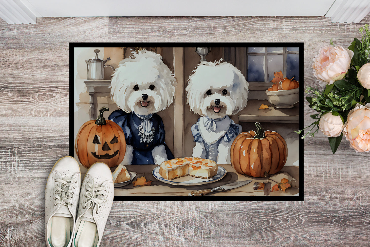 Bichon Frise Fall Kitchen Pumpkins Doormat Indoor Outdoor 24H X 36W Front Door Mat Rugs for Entryway, Non Slip Washable Low Pile,