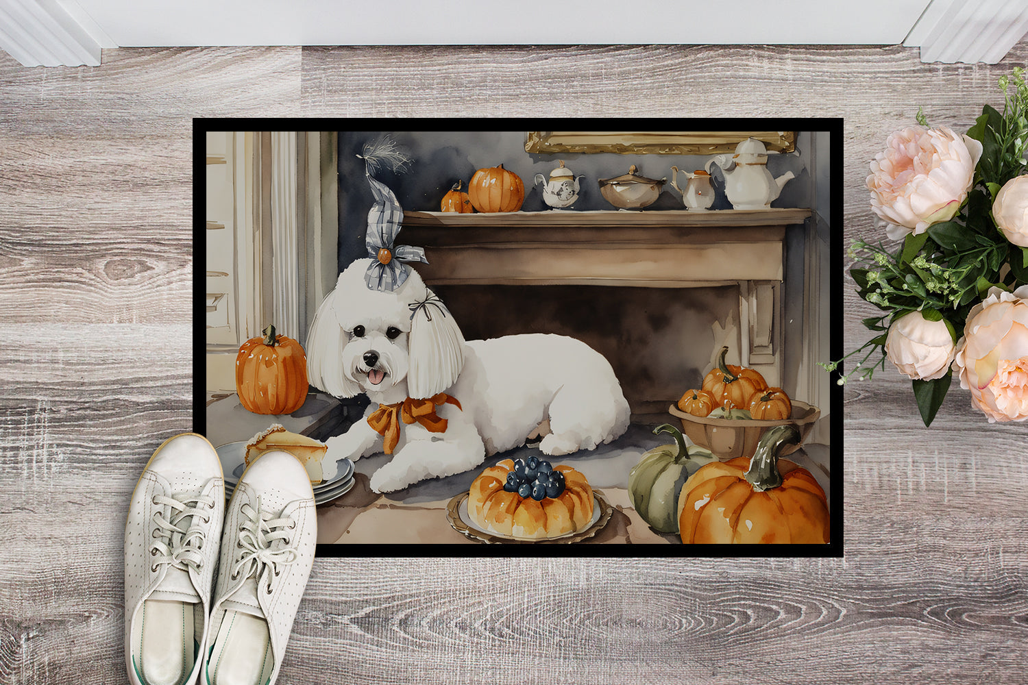 Bichon Frise Fall Kitchen Pumpkins Doormat Indoor Outdoor 18H X 27W Front Door Mat Rugs for Entryway, Non Slip Washable