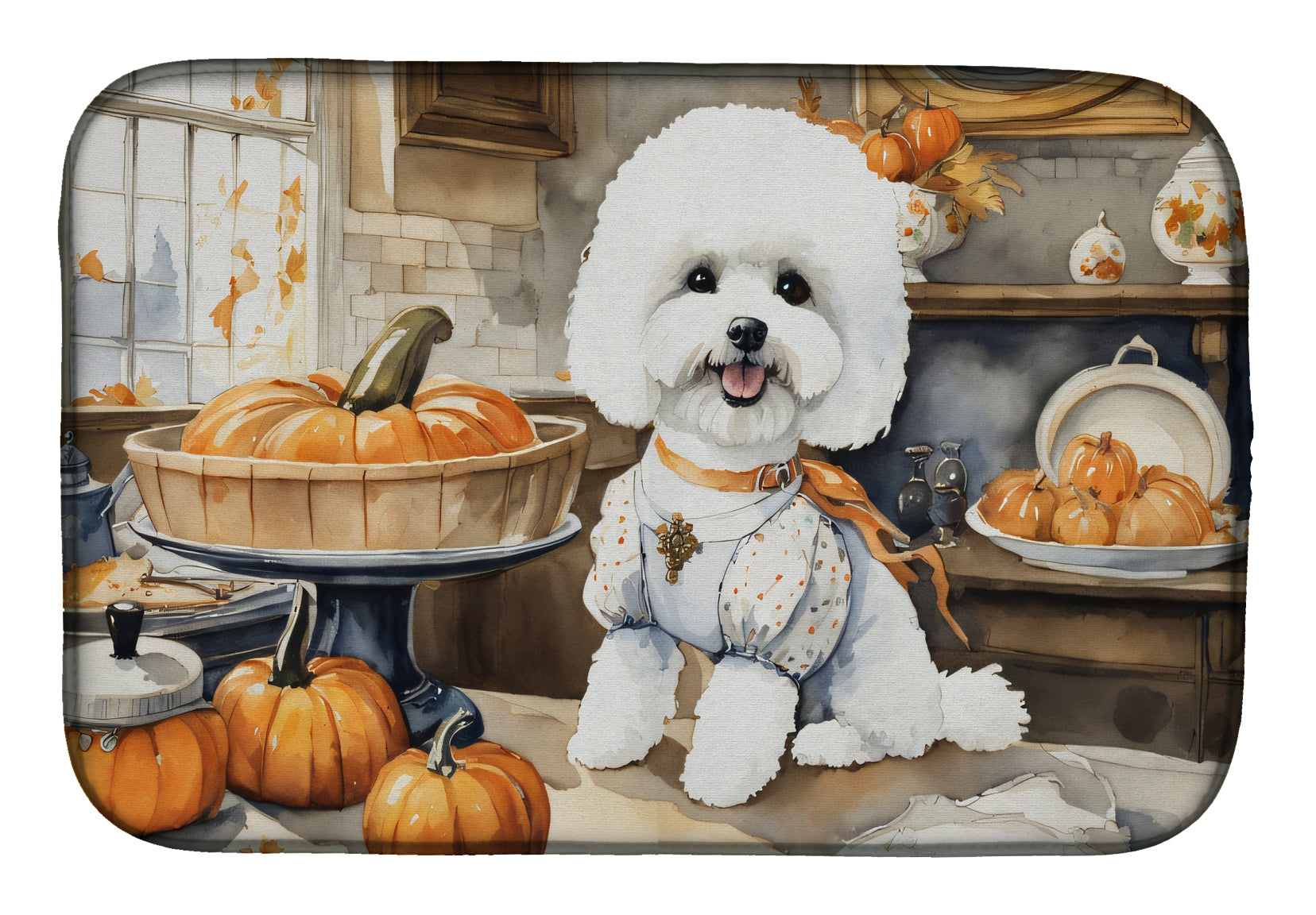 Bichon Frise Fall Kitchen Pumpkins Dish Drying Mat Absorbent Dish Drying Mat Pad for Kitchen Counter Dish Drainer Mat for Countertop, 14 x 21", Multicolor