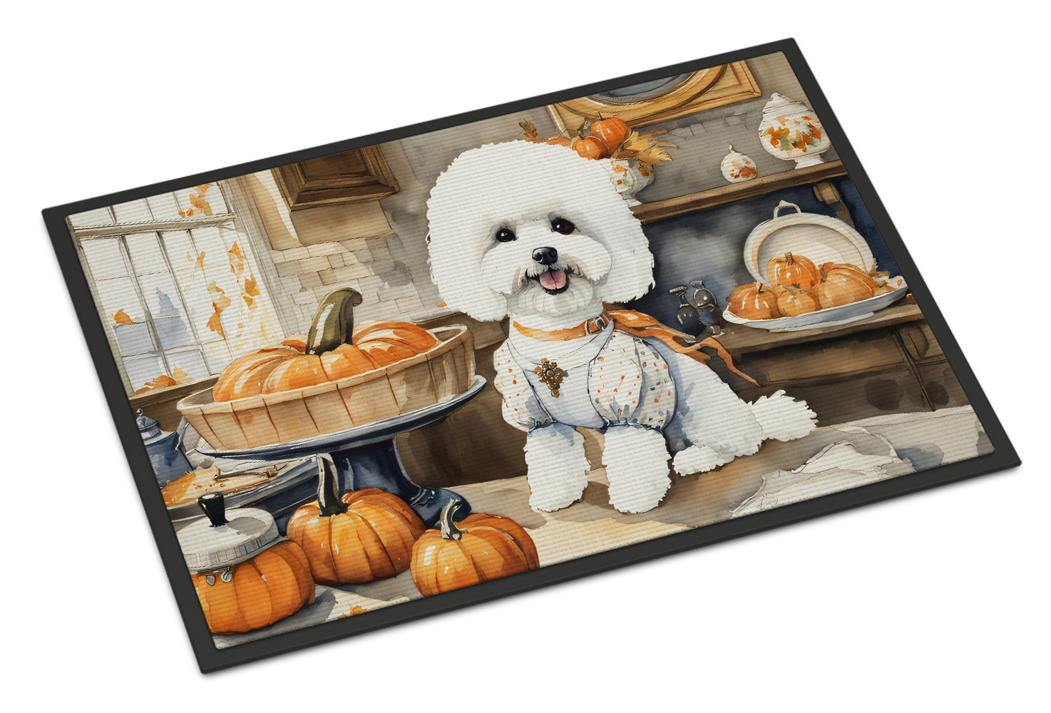 Bichon Frise Fall Kitchen Pumpkins Doormat Indoor Outdoor 18H X 27W Front Door Mat Rugs for Entryway, Non Slip Washable