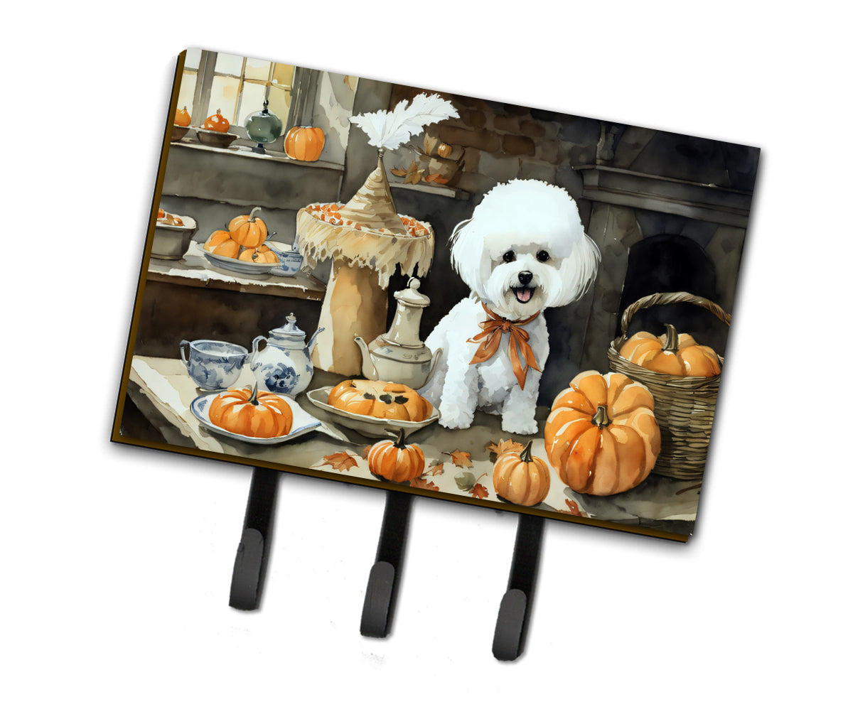 Bichon Frise Fall Kitchen Pumpkins Leash or Key Holder Wall Hooks, Coat Rack Wall Mount, for Hanging Keys, Towels, Aprons, Leashes