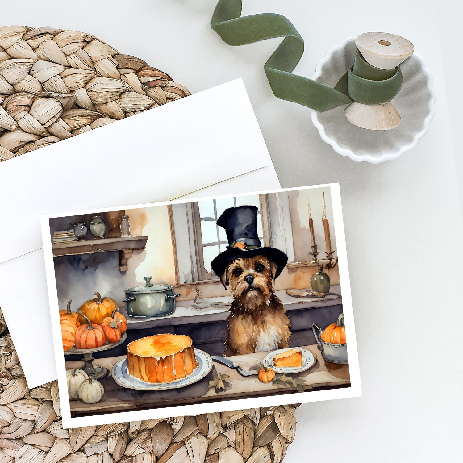 Border Terrier Fall Kitchen Pumpkins Greeting Cards Pack of 8 Blank Cards with Envelopes Whimsical A7 Size 5x7