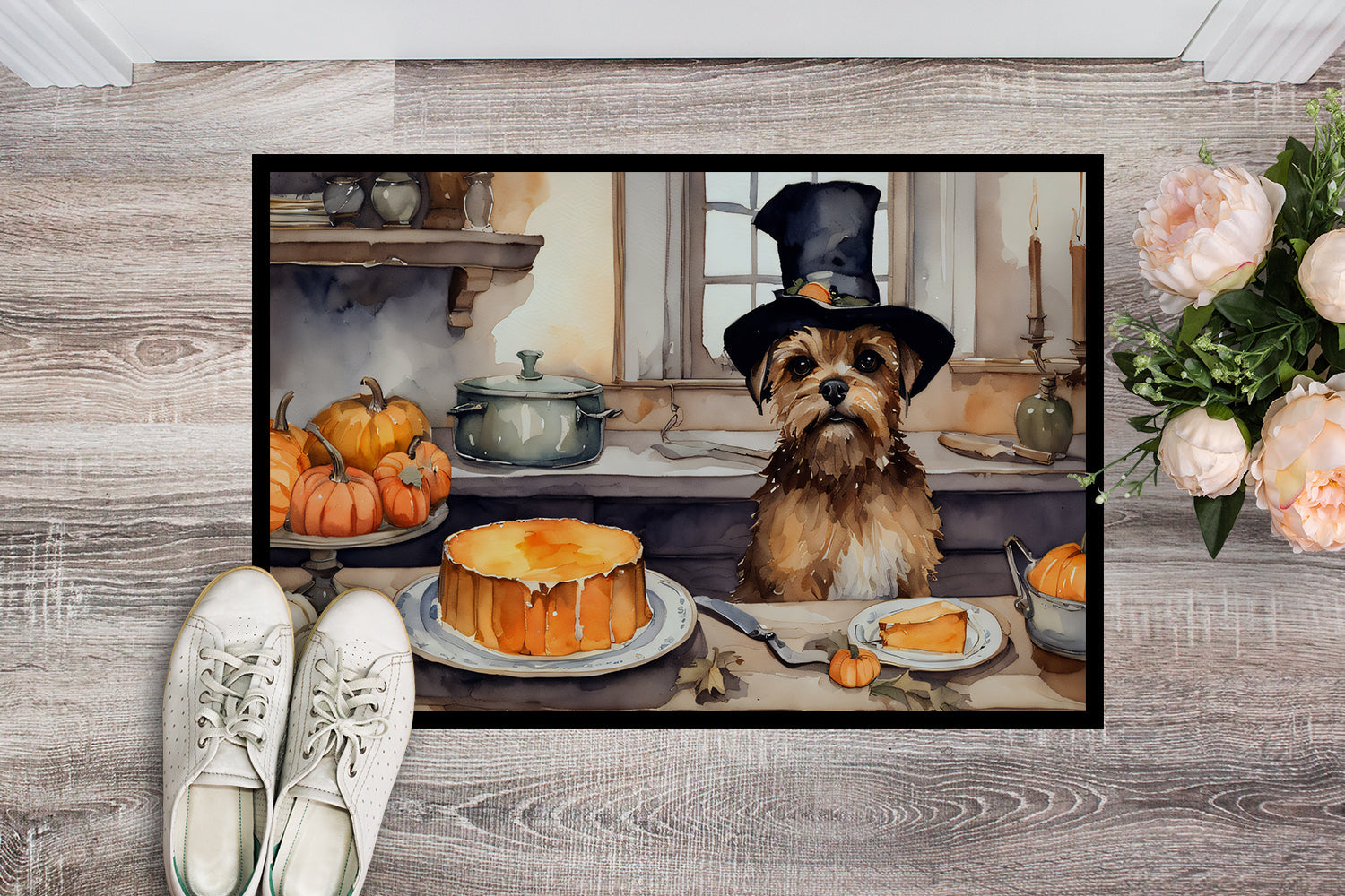 Border Terrier Fall Kitchen Pumpkins Doormat Indoor Outdoor 24H X 36W Front Door Mat Rugs for Entryway, Non Slip Washable Low Pile,