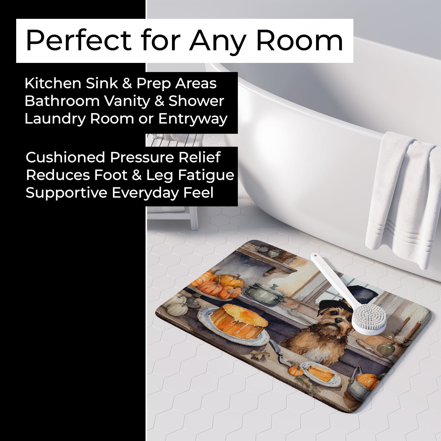 Border Terrier Fall Kitchen Pumpkins Memory Foam Kitchen Mat Machine Washable Anti-Fatigue Cushion Comfort Bath or Kitchen Rug