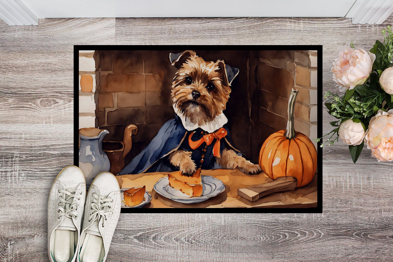 Border Terrier Fall Kitchen Pumpkins Doormat Indoor Outdoor 24H X 36W Front Door Mat Rugs for Entryway, Non Slip Washable Low Pile,