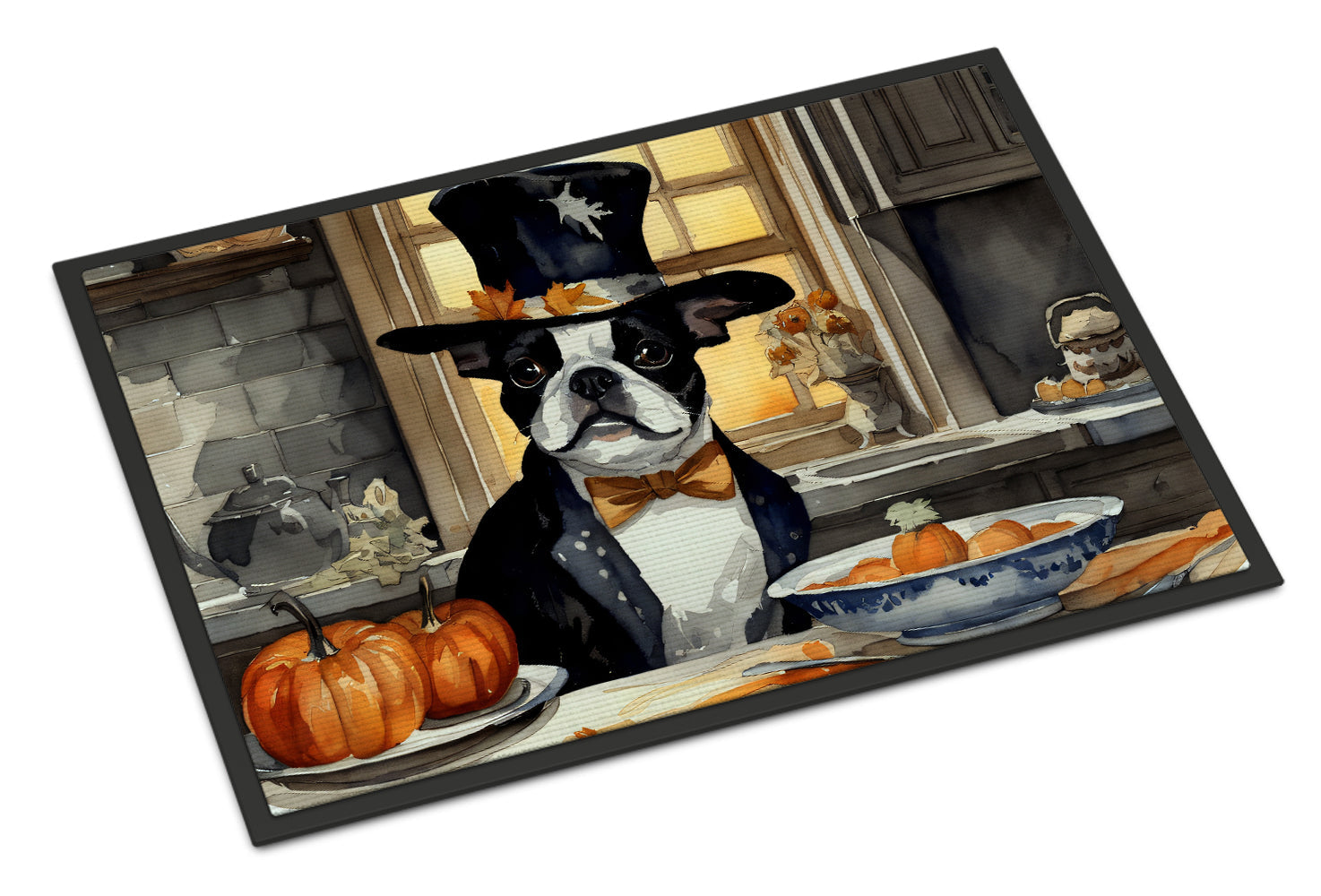 Boston Terrier Fall Kitchen Pumpkins Doormat Indoor Outdoor 18H X 27W Front Door Mat Rugs for Entryway, Non Slip Washable