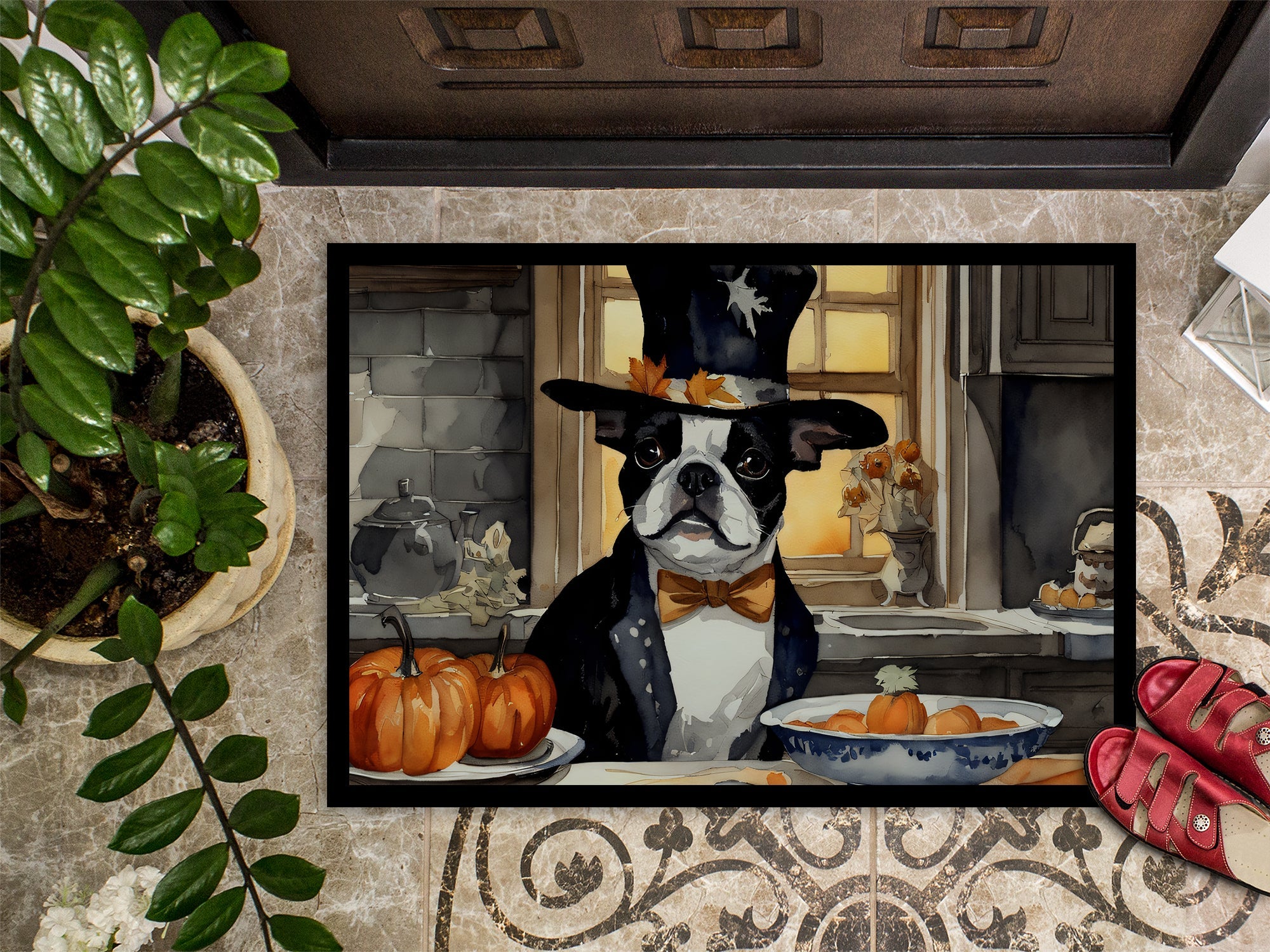 Boston Terrier Fall Kitchen Pumpkins Doormat Indoor Outdoor 18H X 27W Front Door Mat Rugs for Entryway, Non Slip Washable