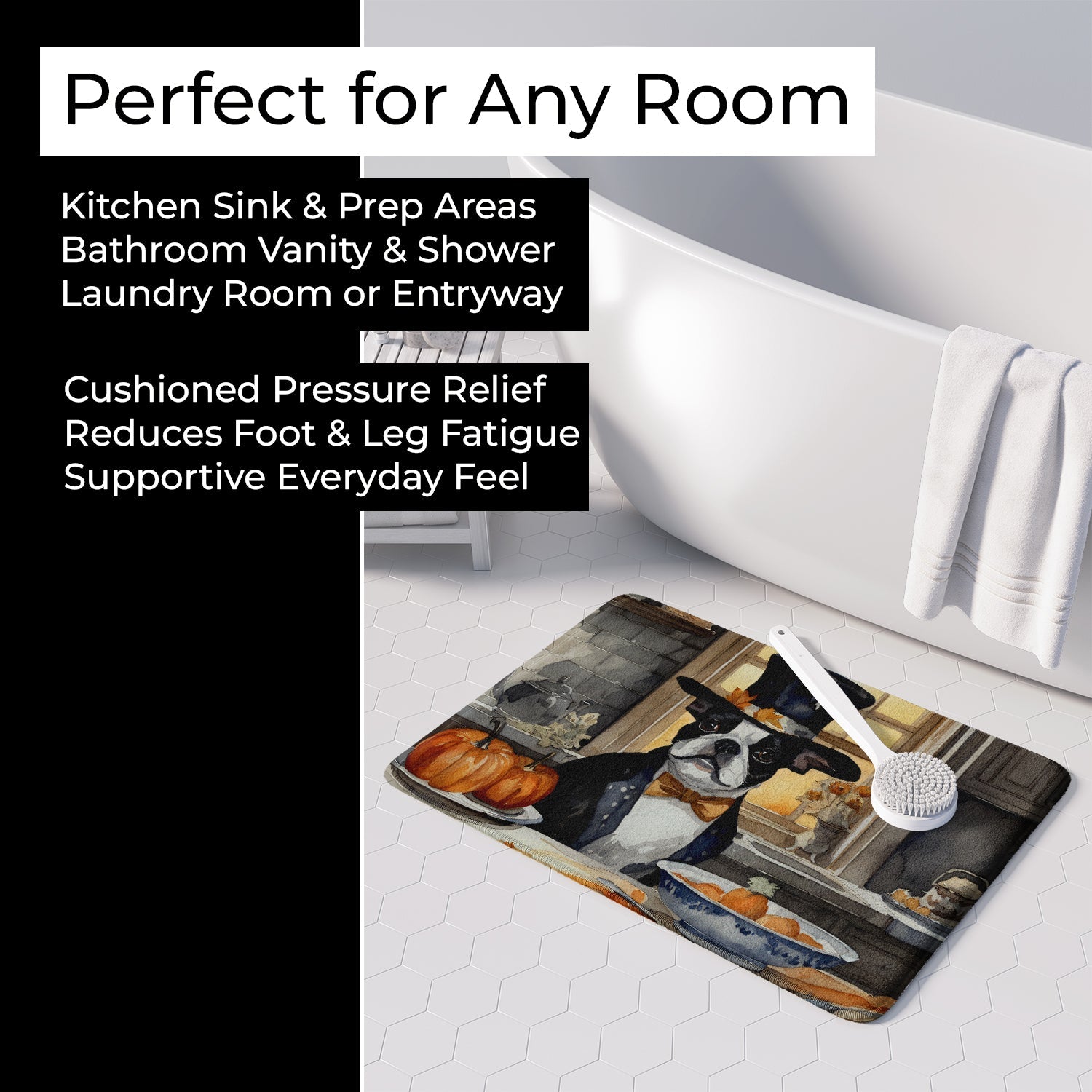 Boston Terrier Fall Kitchen Pumpkins Memory Foam Kitchen Mat Machine Washable Anti-Fatigue Cushion Comfort Bath or Kitchen Rug
