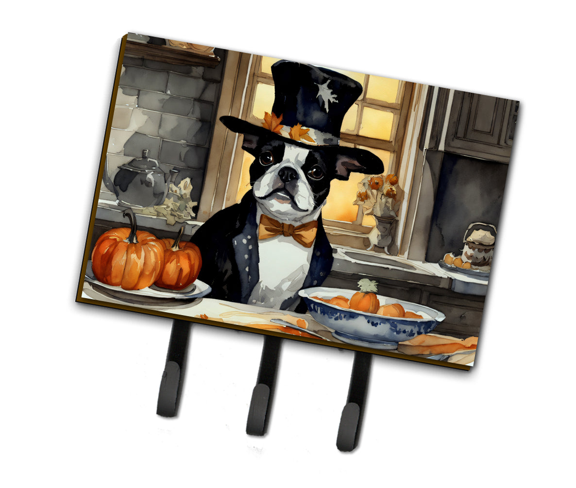 Boston Terrier Fall Kitchen Pumpkins Leash or Key Holder Wall Hooks, Coat Rack Wall Mount, for Hanging Keys, Towels, Aprons, Leashes
