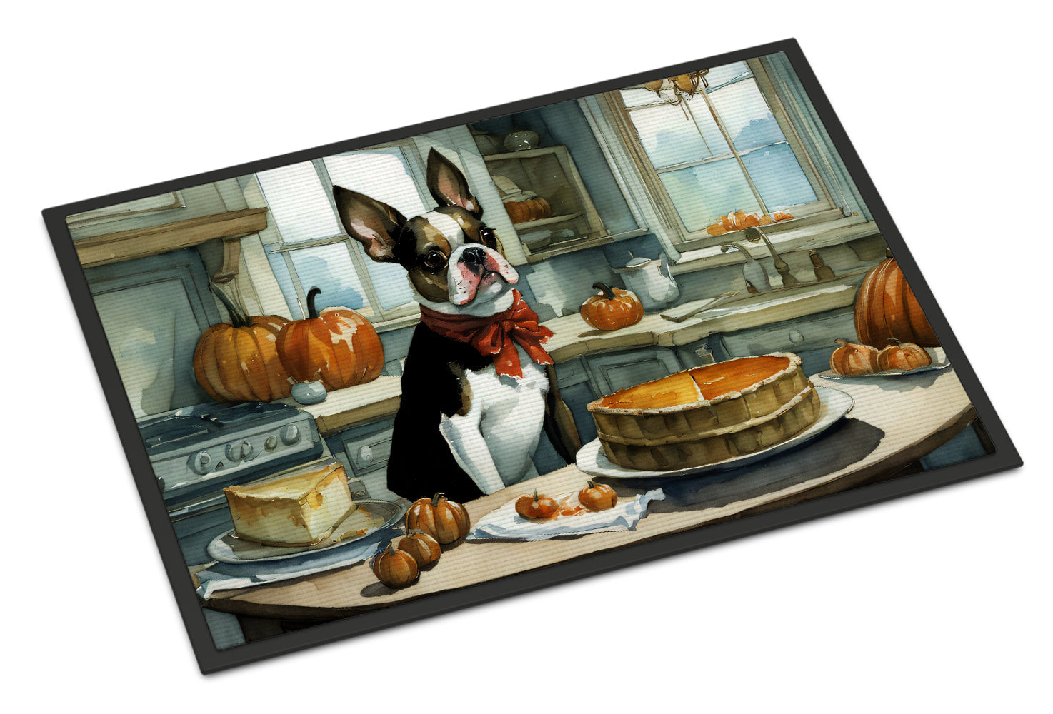 Boston Terrier Fall Kitchen Pumpkins Doormat Indoor Outdoor 18H X 27W Front Door Mat Rugs for Entryway, Non Slip Washable