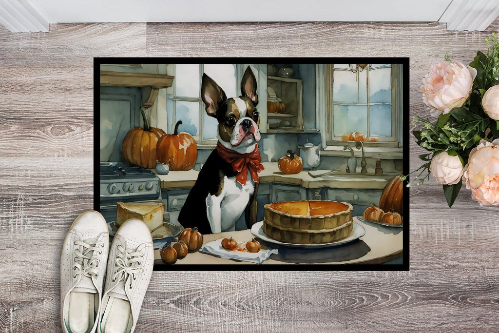 Boston Terrier Fall Kitchen Pumpkins Doormat Indoor Outdoor 18H X 27W Front Door Mat Rugs for Entryway, Non Slip Washable