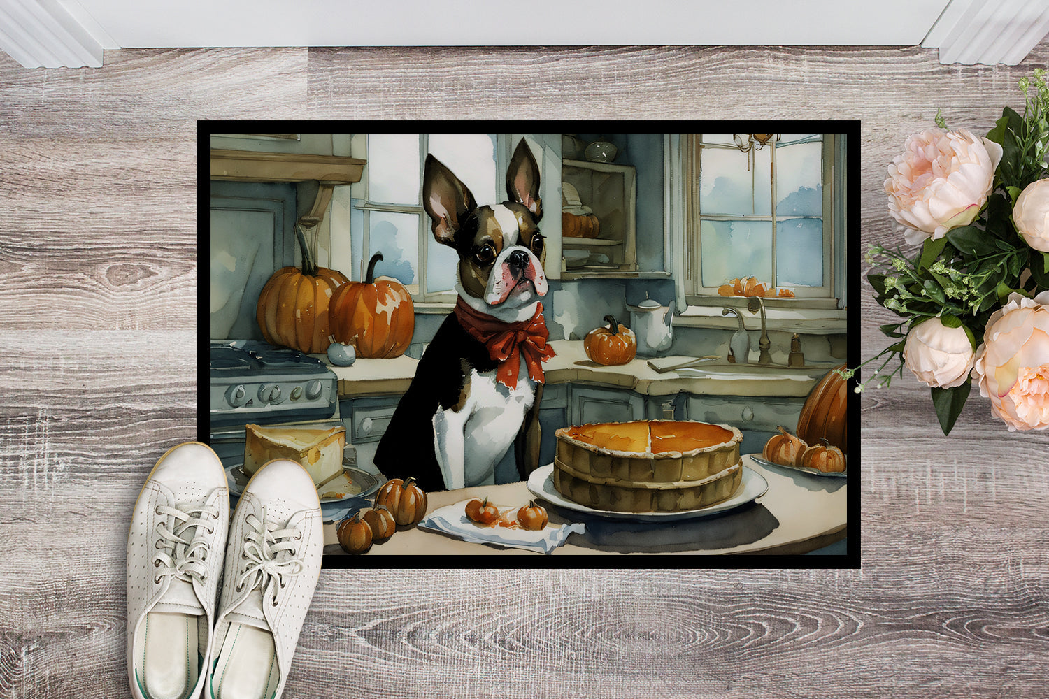 Boston Terrier Fall Kitchen Pumpkins Doormat Indoor Outdoor 18H X 27W Front Door Mat Rugs for Entryway, Non Slip Washable