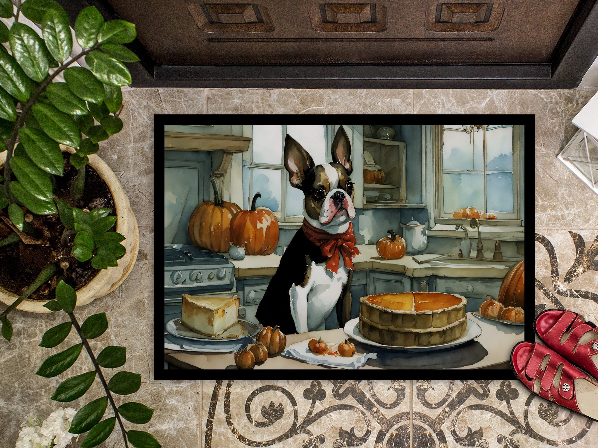 Boston Terrier Fall Kitchen Pumpkins Doormat Indoor Outdoor 18H X 27W Front Door Mat Rugs for Entryway, Non Slip Washable