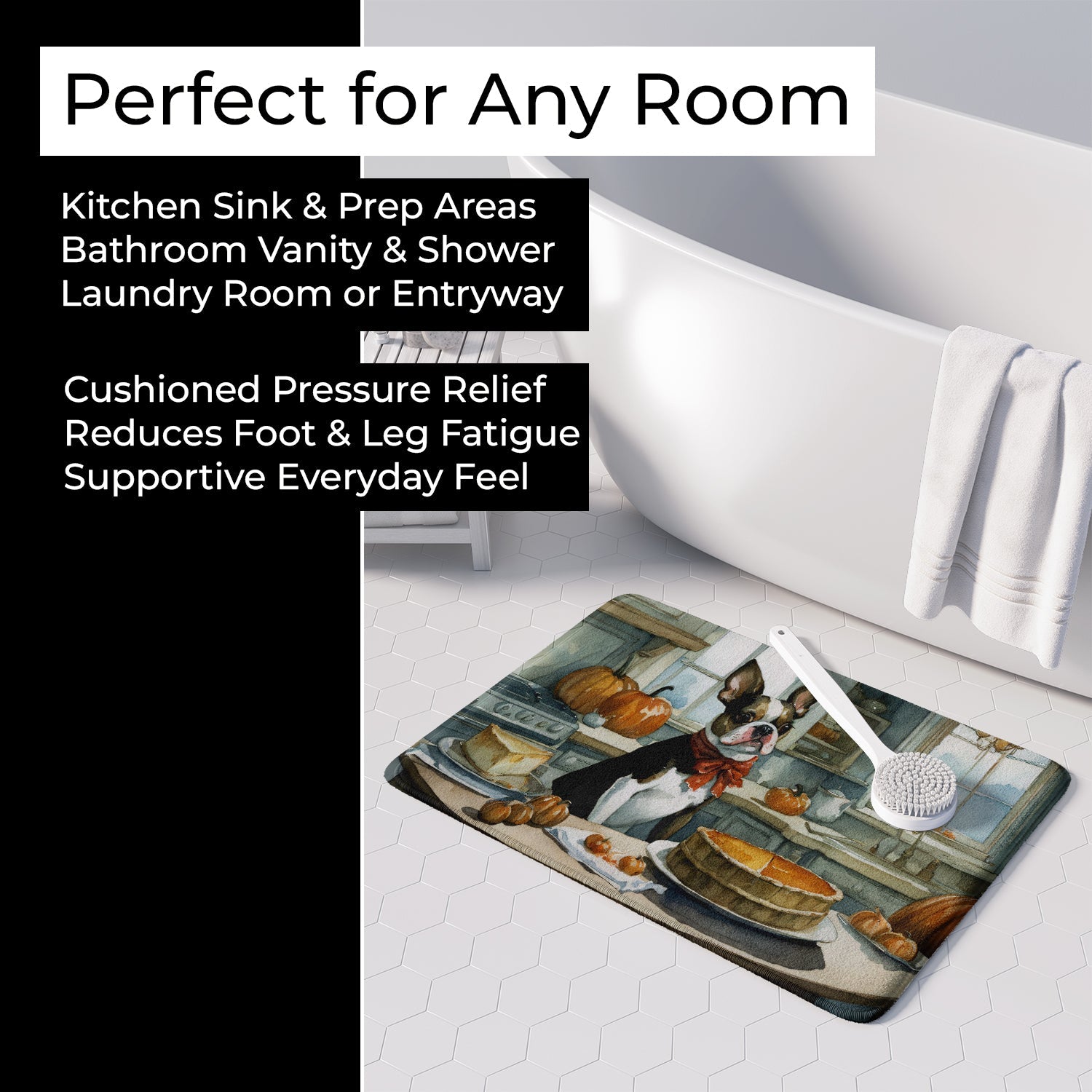 Boston Terrier Fall Kitchen Pumpkins Memory Foam Kitchen Mat Machine Washable Anti-Fatigue Cushion Comfort Bath or Kitchen Rug