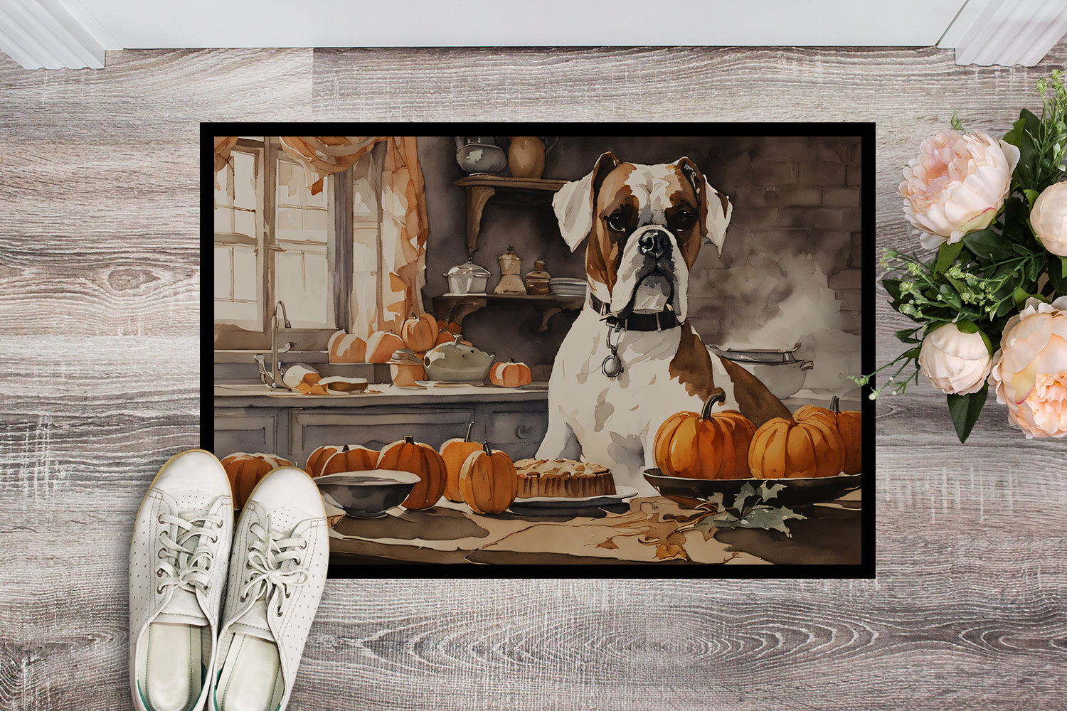 Boxer Fall Kitchen Pumpkins Doormat Indoor Outdoor 18H X 27W Front Door Mat Rugs for Entryway, Non Slip Washable