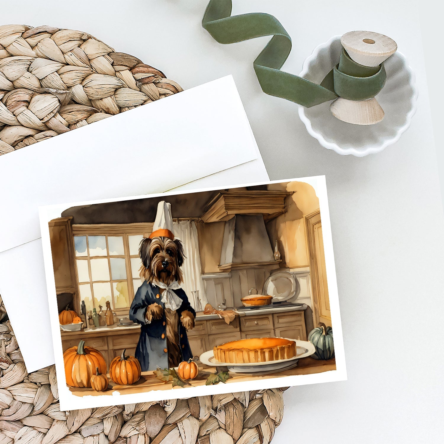 Briard Fall Kitchen Pumpkins Greeting Cards Pack of 8 Blank Cards with Envelopes Whimsical A7 Size 5x7