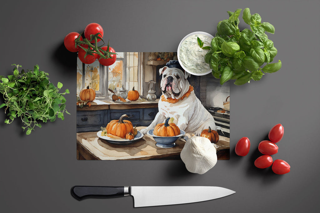 English Bulldog Fall Kitchen Pumpkins Cutting Board Tempered Glass Kitchen Cutting Surface, Heat Resistant Chopping, Non-Slip Feet, Food Prep & Serving