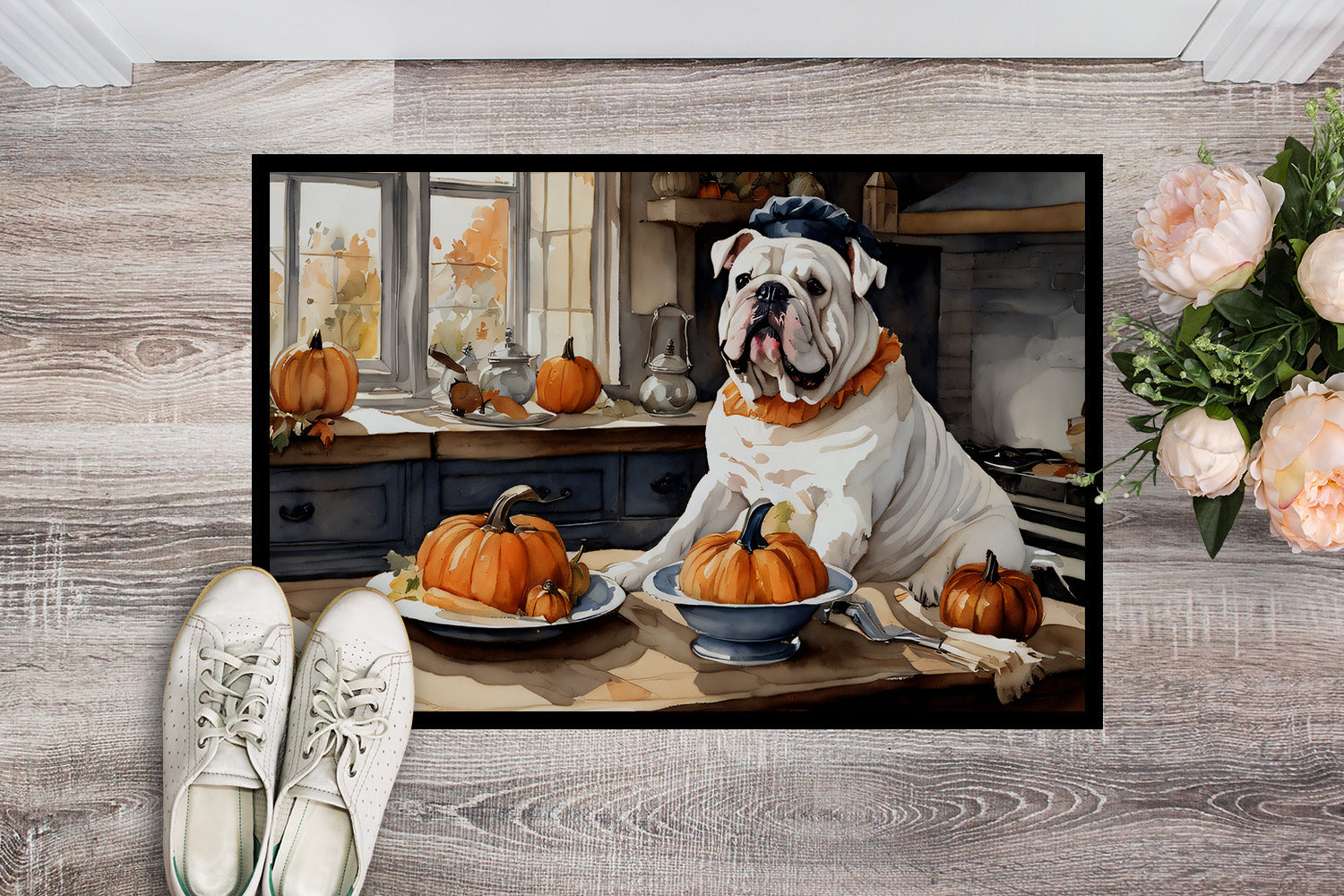 English Bulldog Fall Kitchen Pumpkins Doormat Indoor Outdoor 18H X 27W Front Door Mat Rugs for Entryway, Non Slip Washable