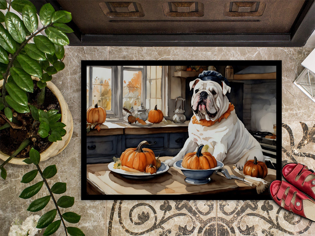 English Bulldog Fall Kitchen Pumpkins Doormat Indoor Outdoor 18H X 27W Front Door Mat Rugs for Entryway, Non Slip Washable