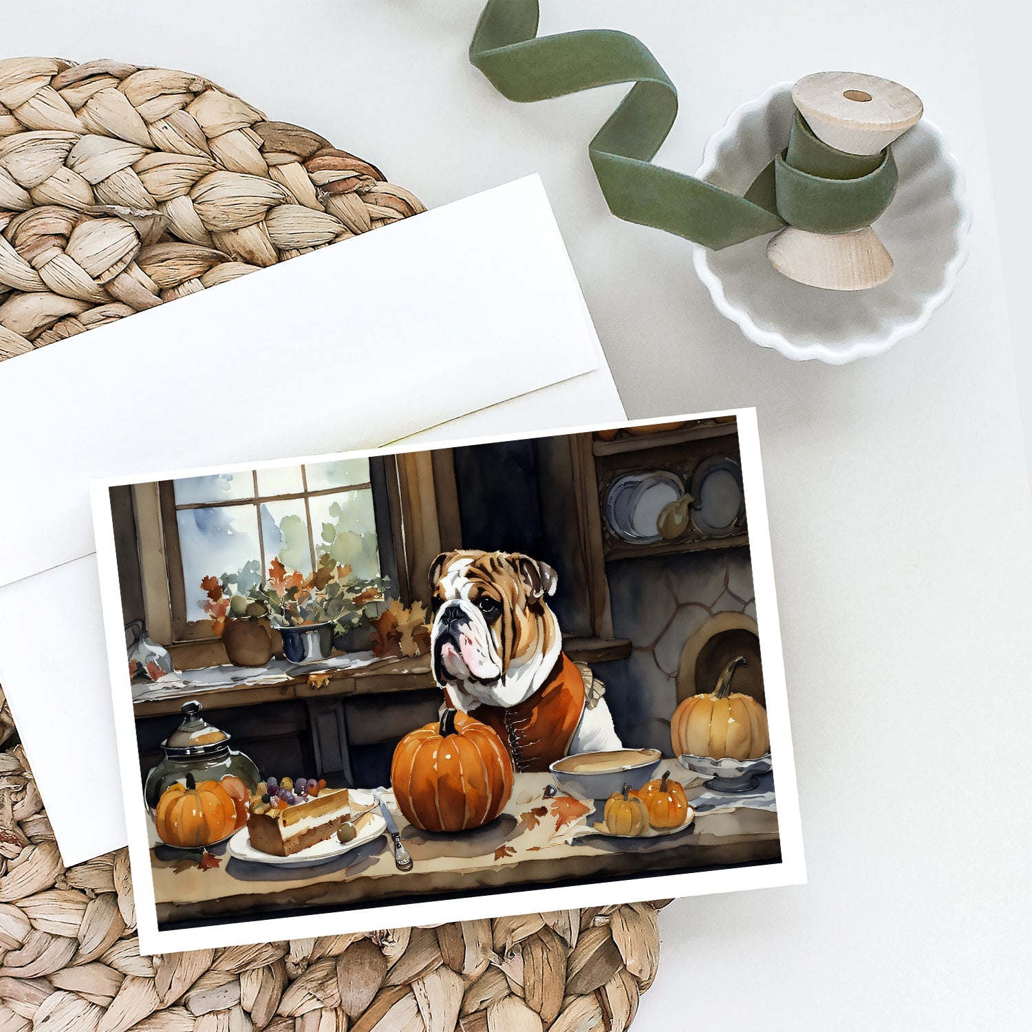 English Bulldog Fall Kitchen Pumpkins Greeting Cards Pack of 8 Blank Cards with Envelopes Whimsical A7 Size 5x7